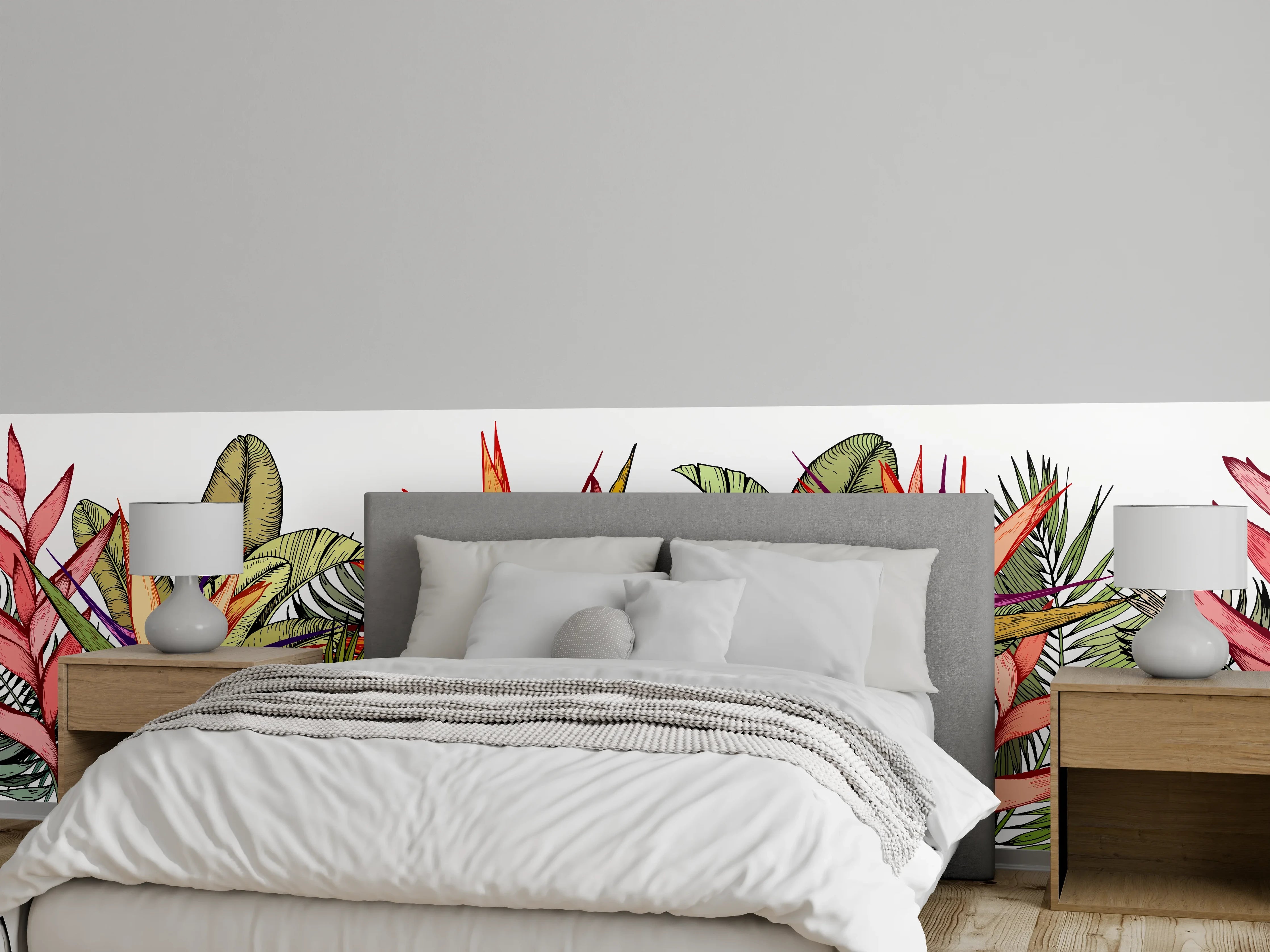 Wandverkleidung Schlafzimmer - Farbenfroher Pflanzen-Print