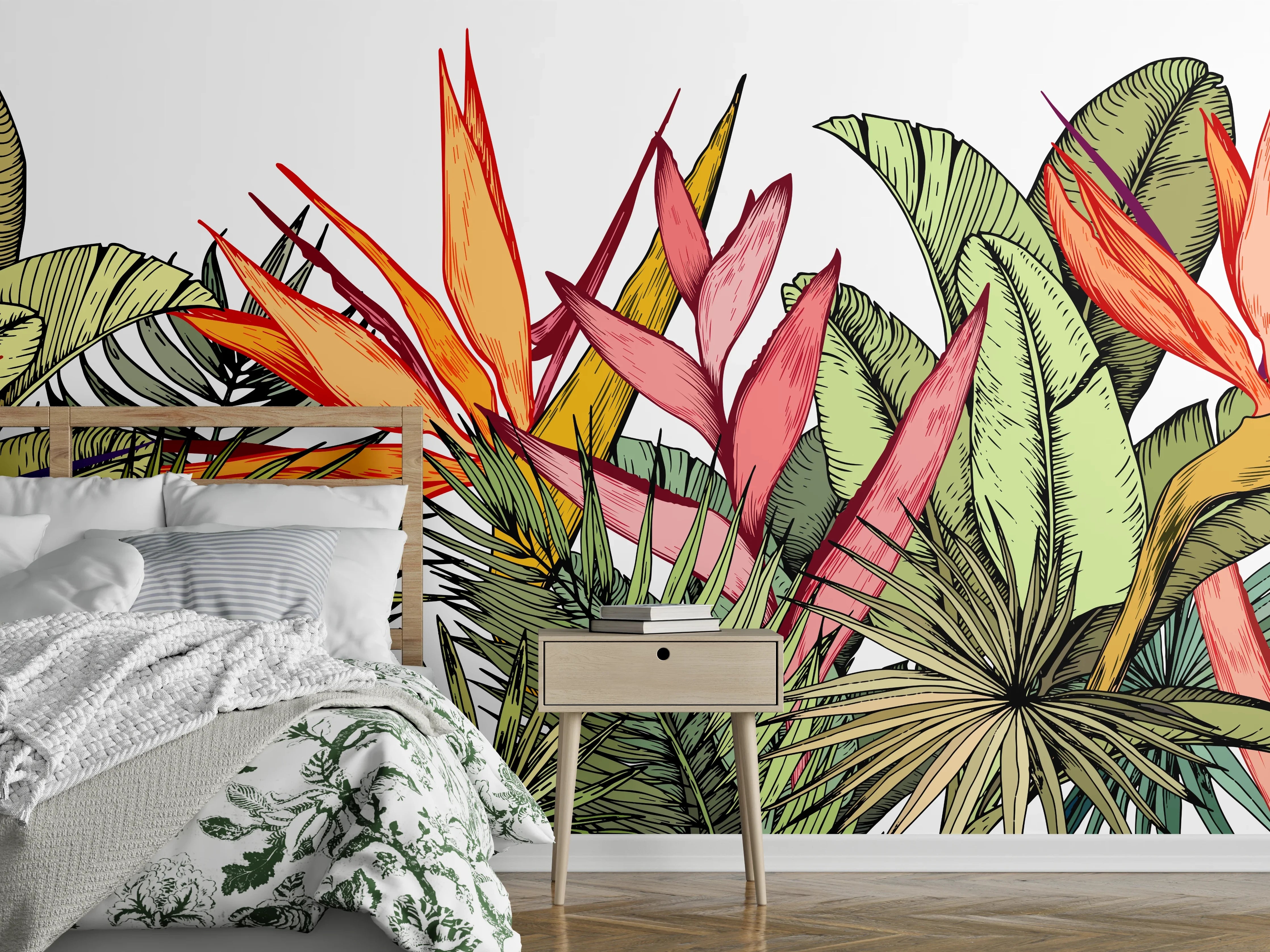 Wandverkleidung Schlafzimmer - Farbenfroher Pflanzen-Print