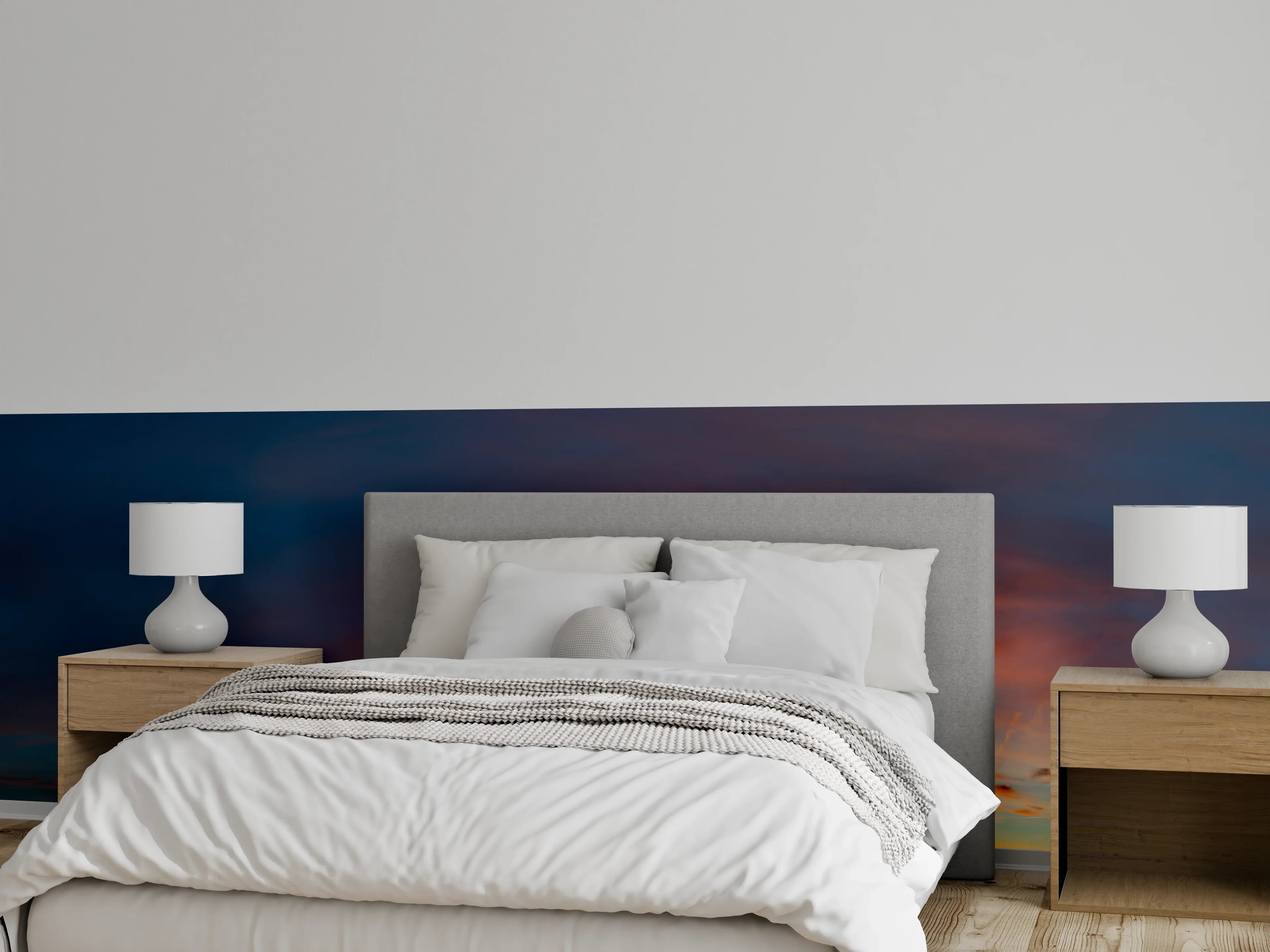 Wandverkleidung Schlafzimmer - Farbenfroher Sonnenuntergang über dem Horizont