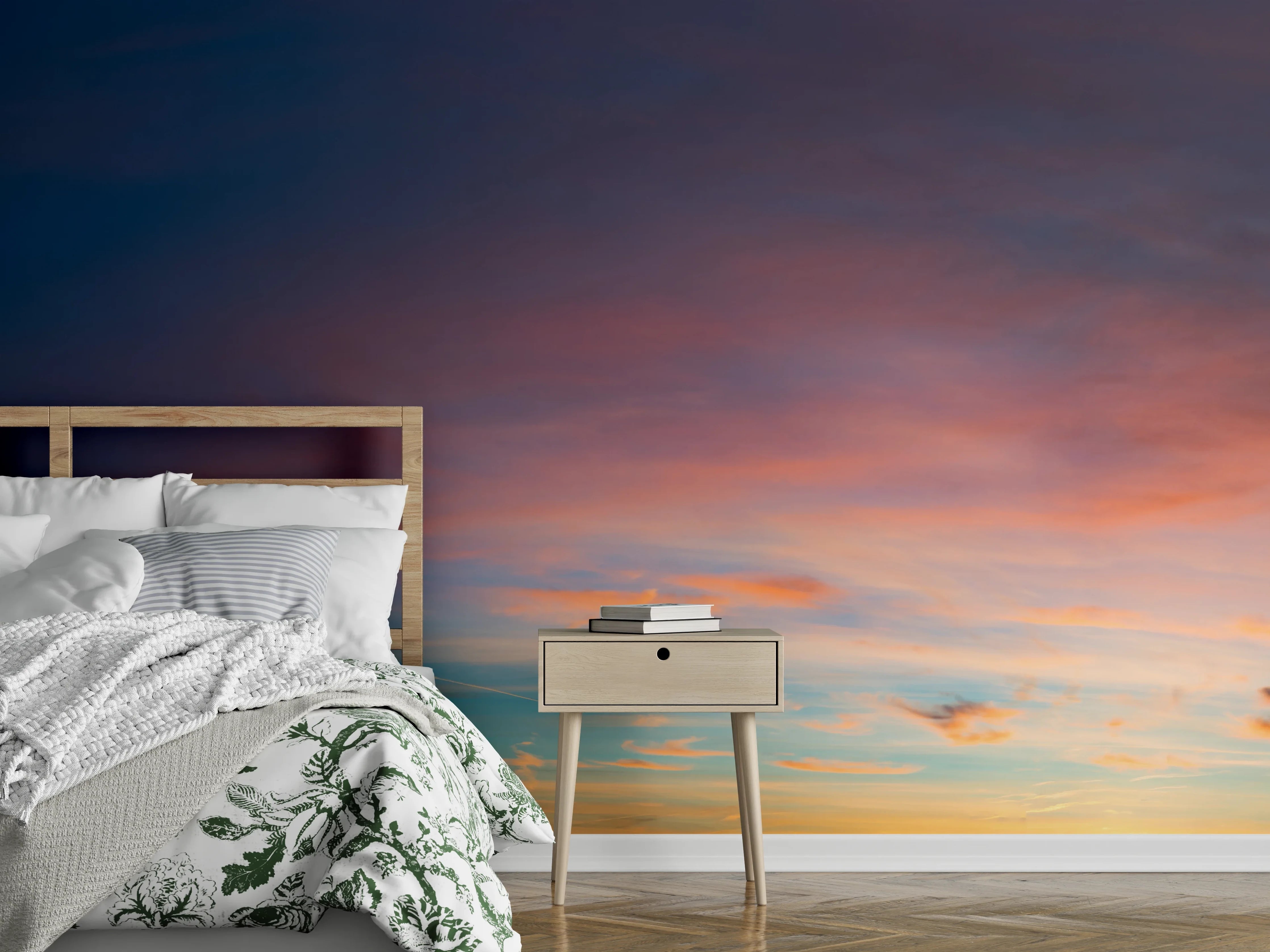 Wandverkleidung Schlafzimmer - Farbenfroher Sonnenuntergang über dem Horizont