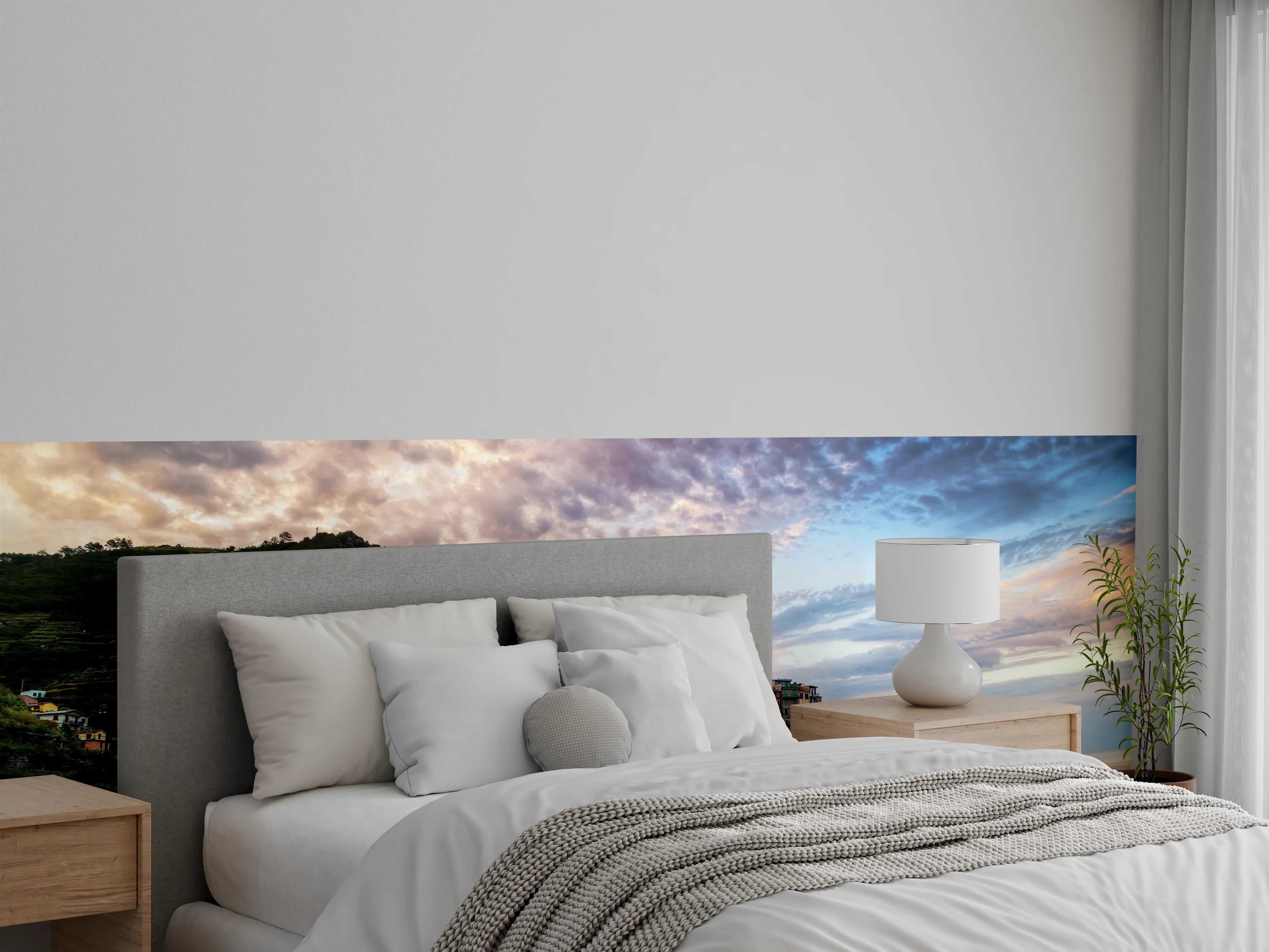 Wandverkleidung Schlafzimmer - Farbenfrohes Küstendorf am Abendhimmel