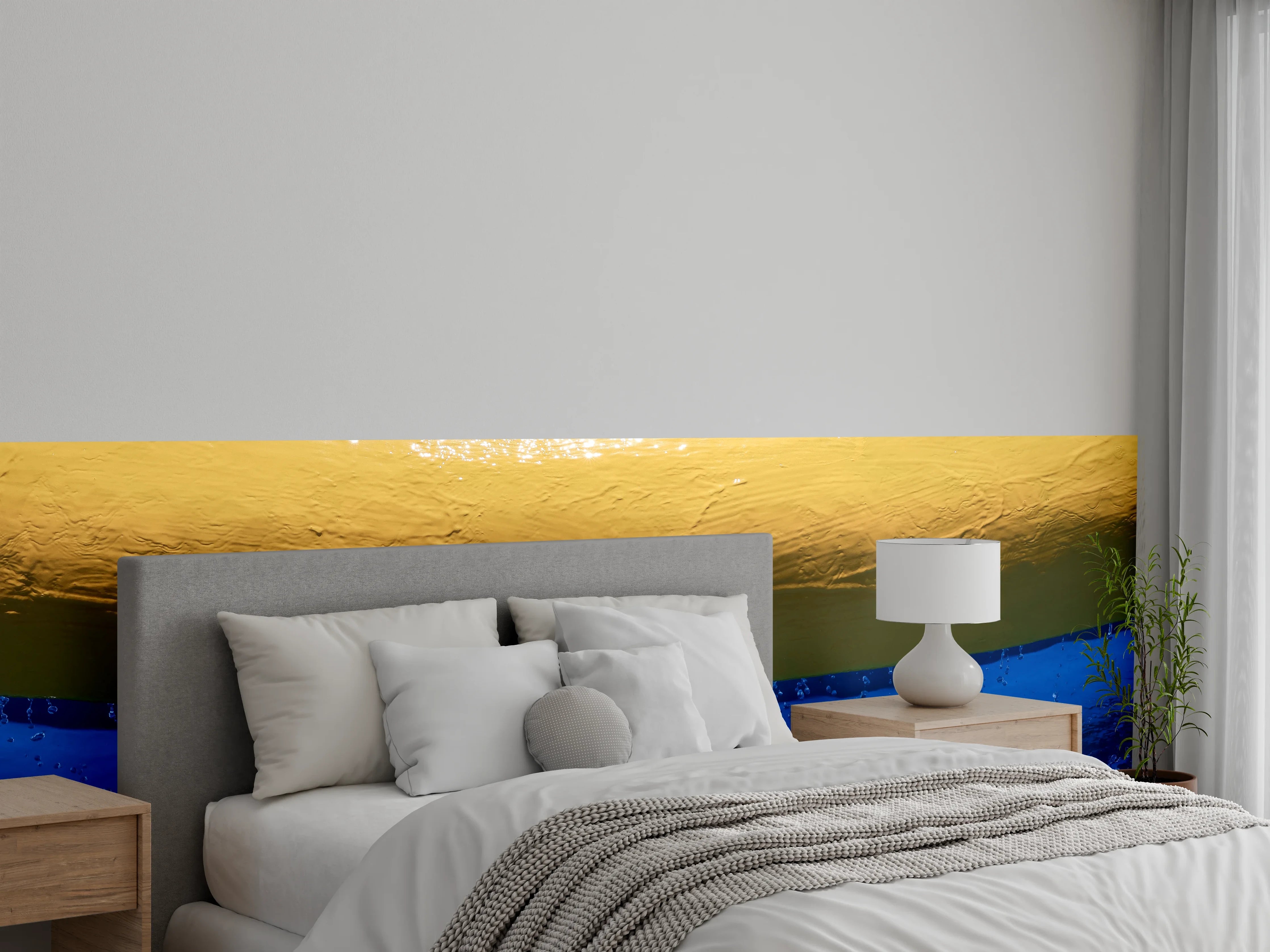 Wandverkleidung Schlafzimmer - Farbspiel Wasser und Gelb für Wände