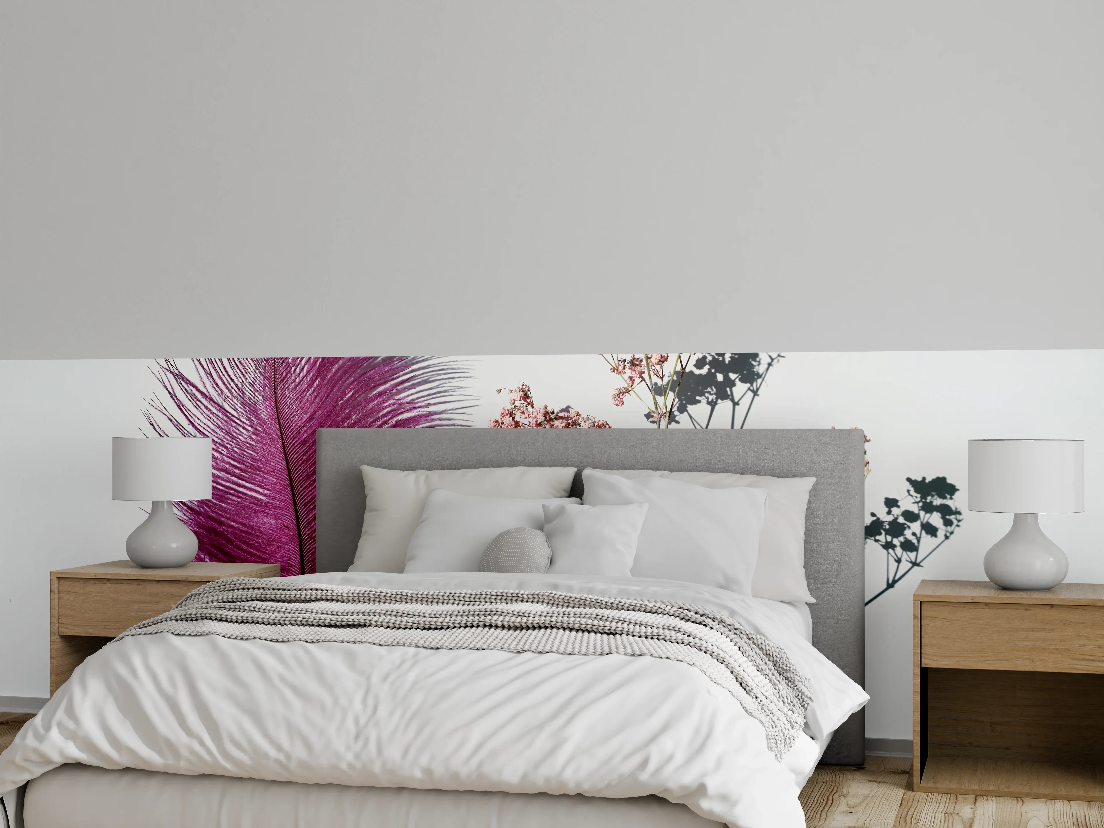 Wandverkleidung Schlafzimmer - Feder trifft Blüten Zweige Weiß