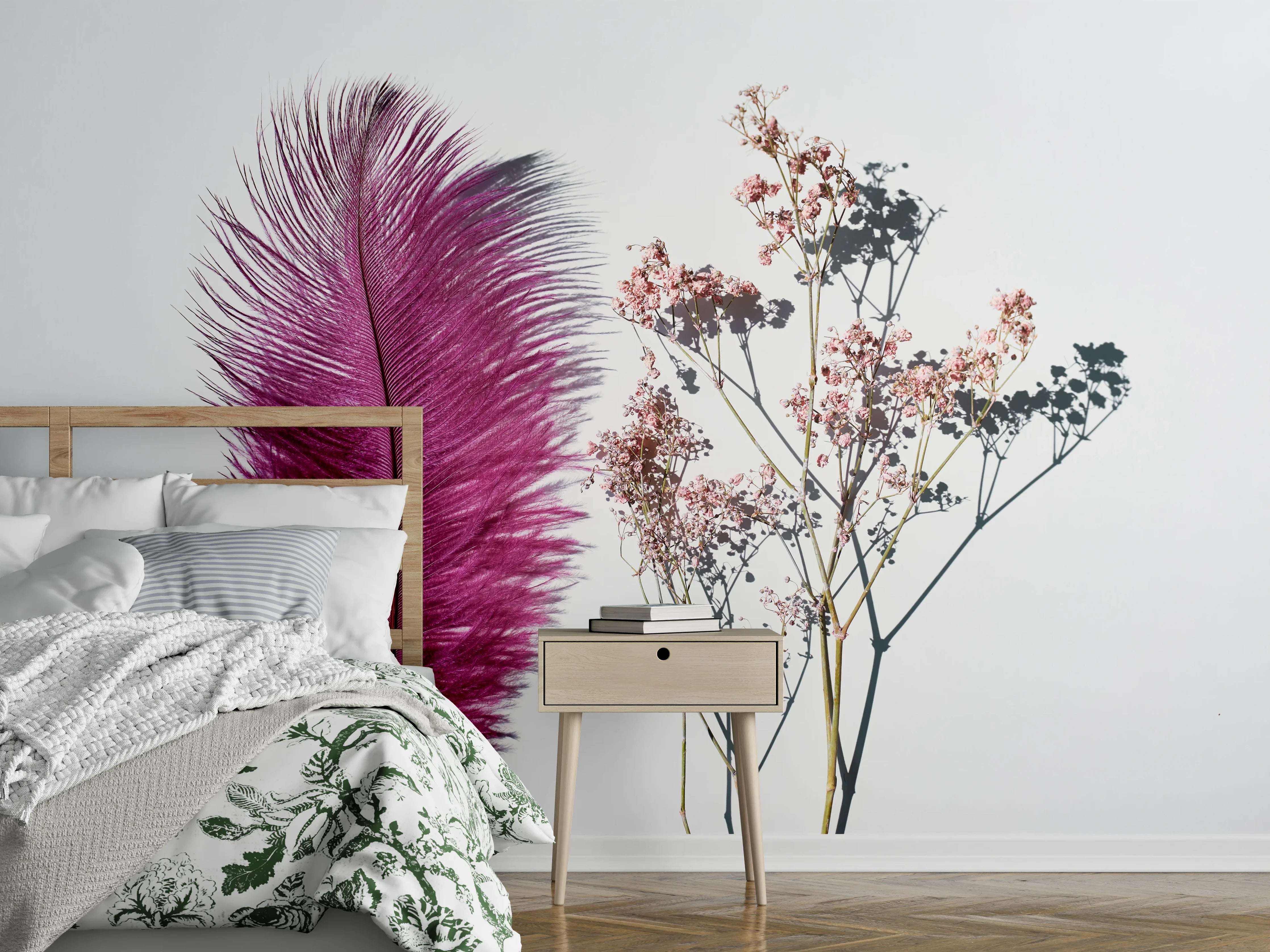 Wandverkleidung Schlafzimmer - Feder trifft Blüten Zweige Weiß