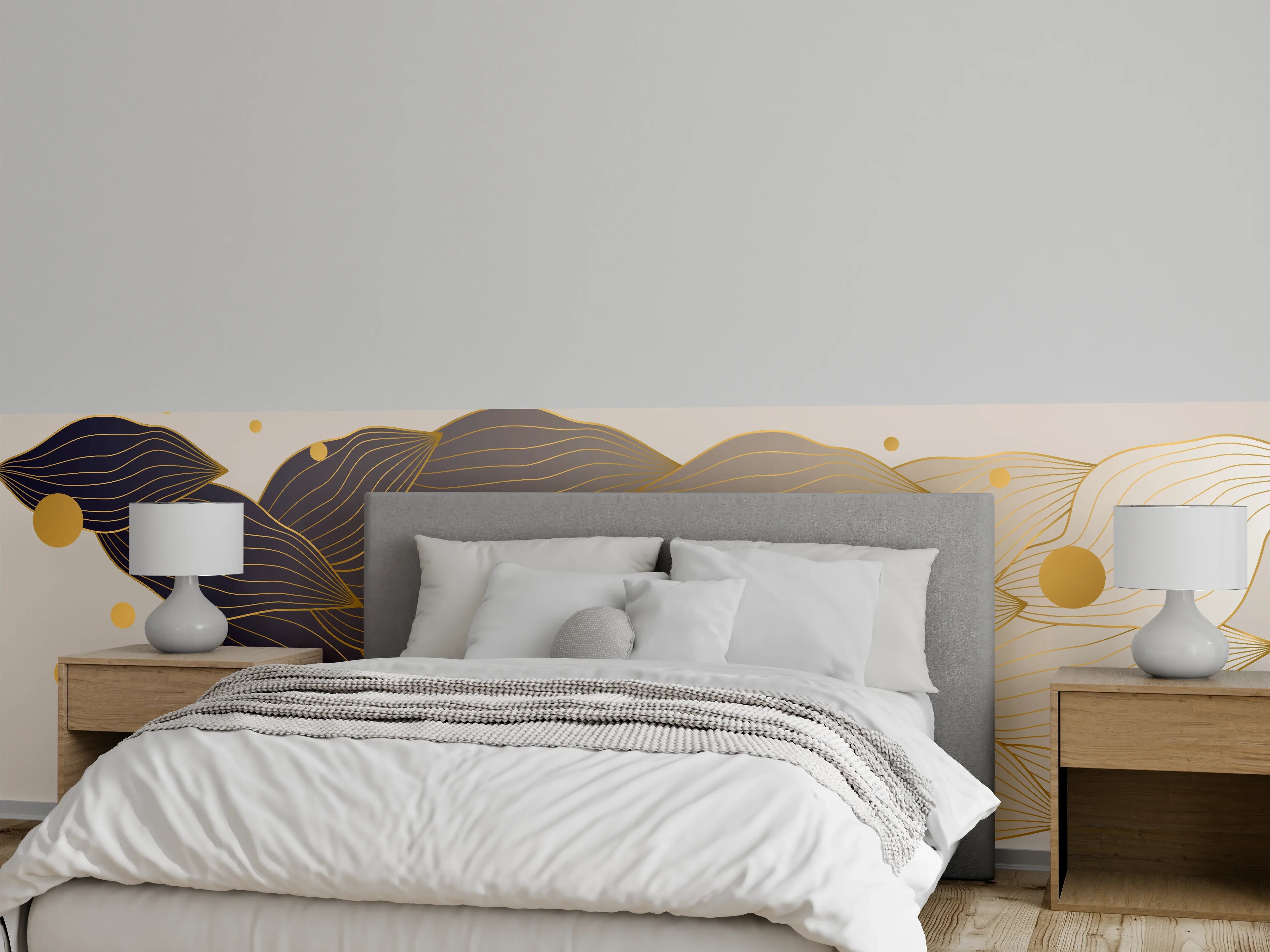 Wandverkleidung Schlafzimmer - Feine Goldlinien Kunst auf weißem Untergrund