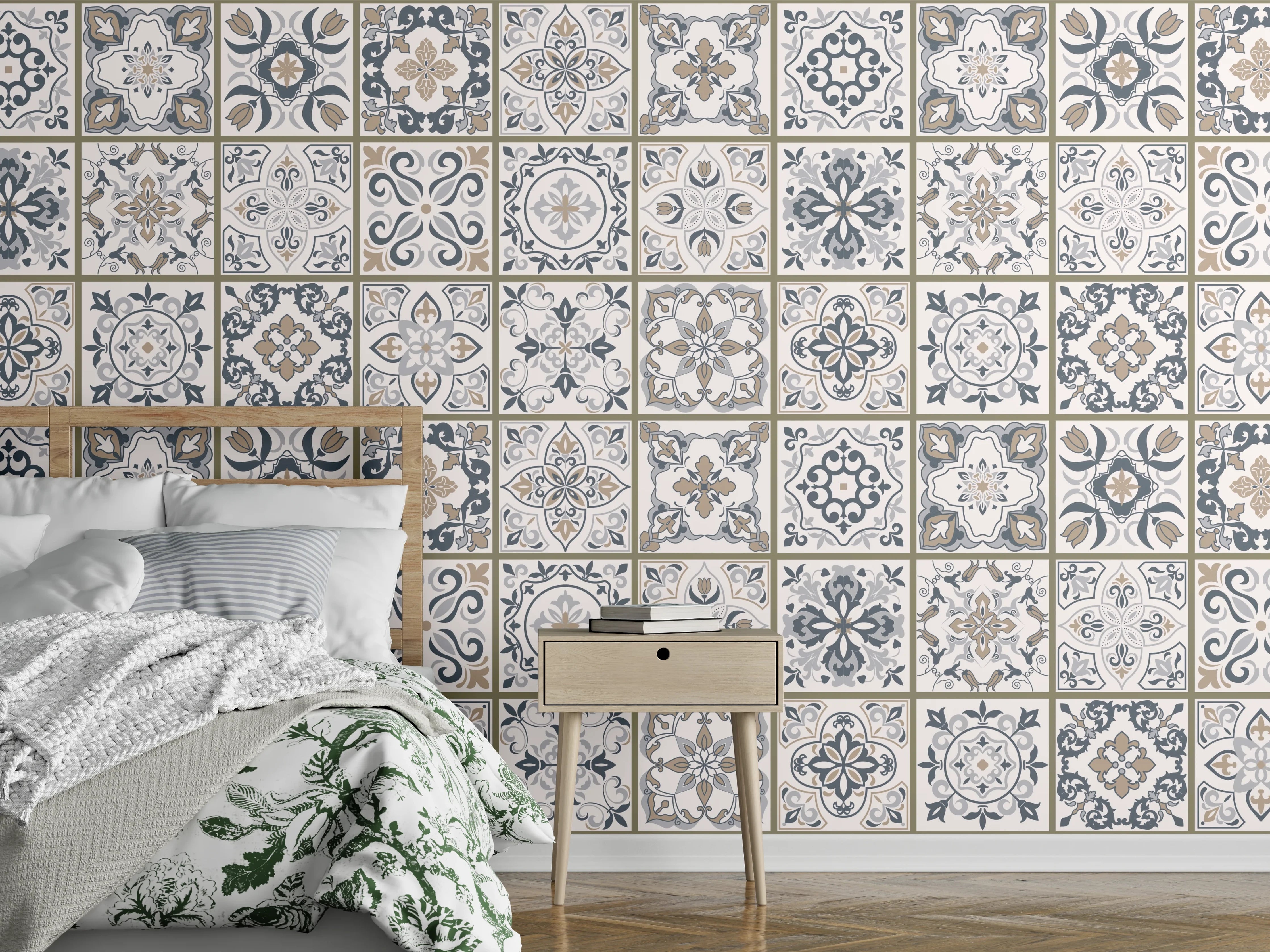 Wandverkleidung Schlafzimmer - Feine Grautöne im geometrischen Weißmuster