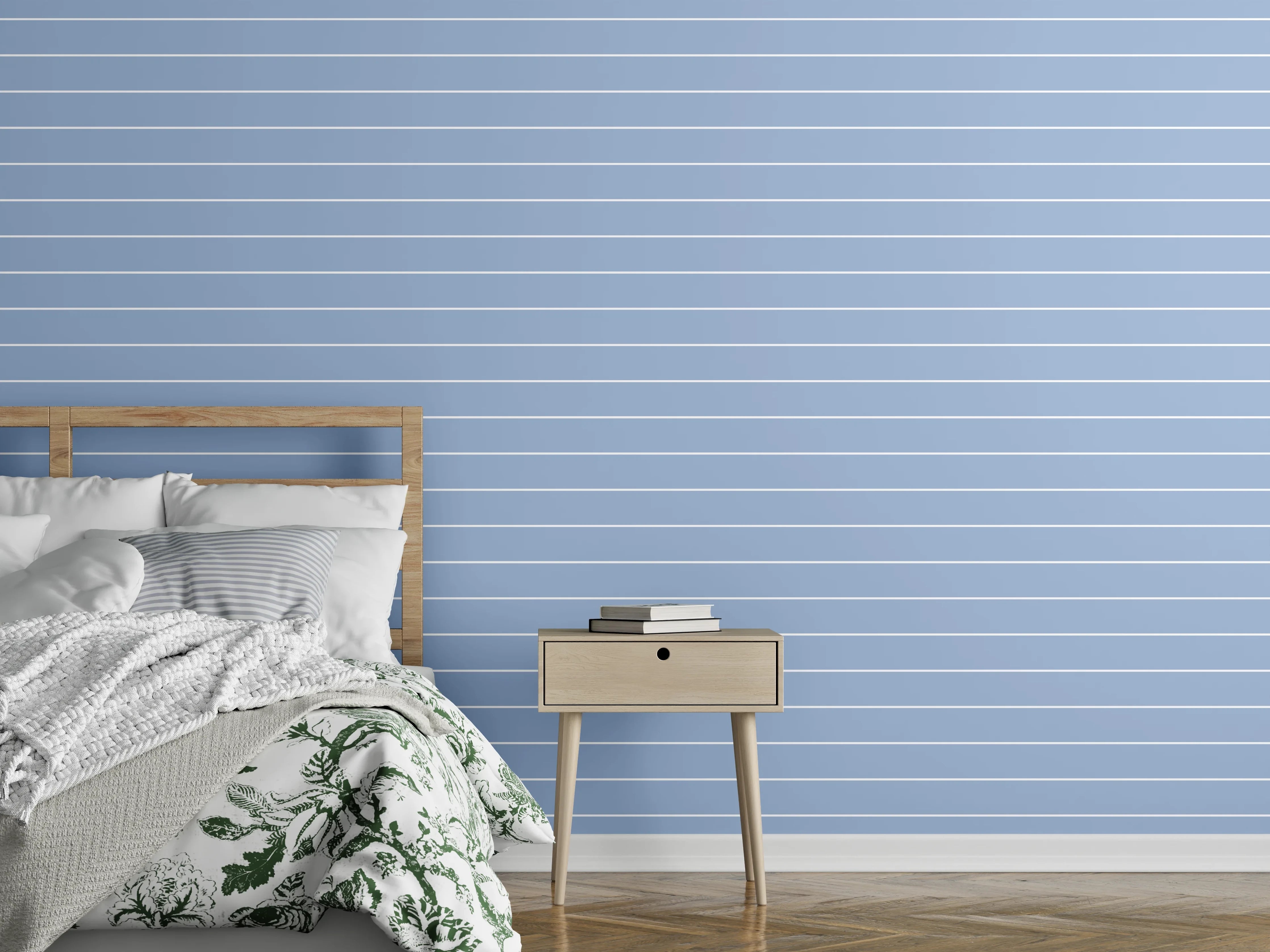 Wandverkleidung Schlafzimmer - Feine Streifen in Blau-Grau