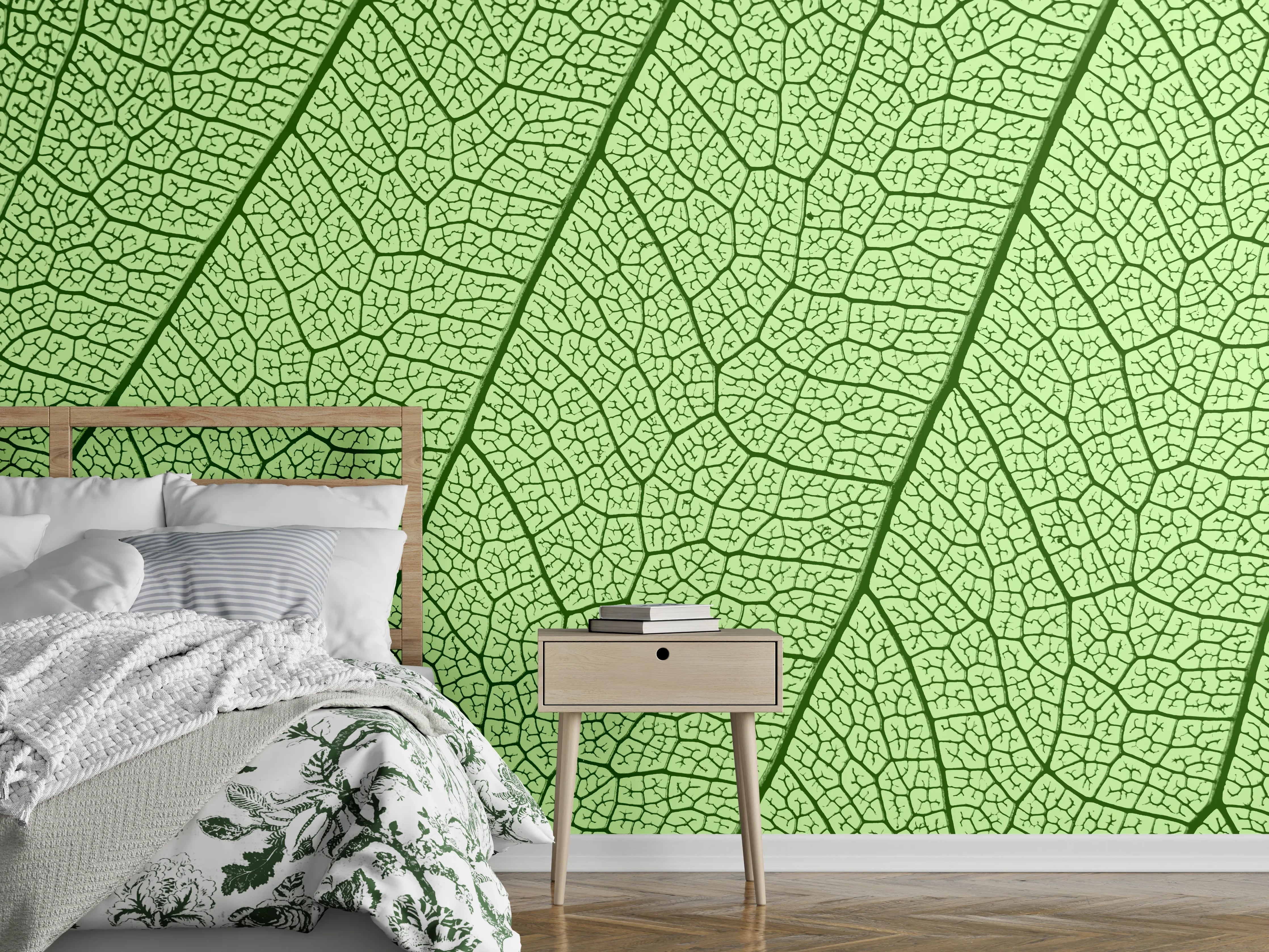 Wandverkleidung Schlafzimmer - Feine grüne Blattstruktur Naturmuster