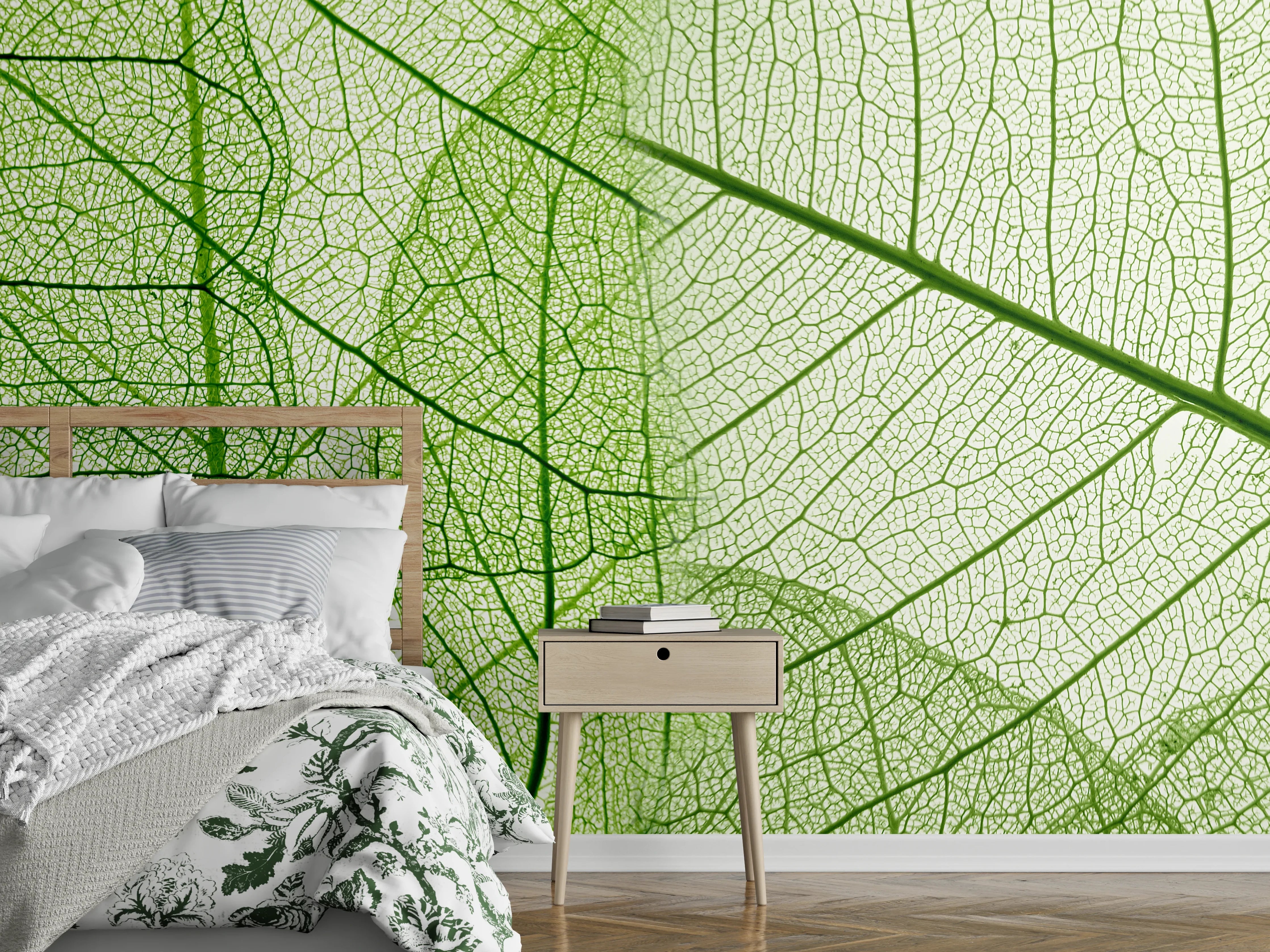 Wandverkleidung Schlafzimmer - Feine grüne Blattstrukturen Naturmotiv