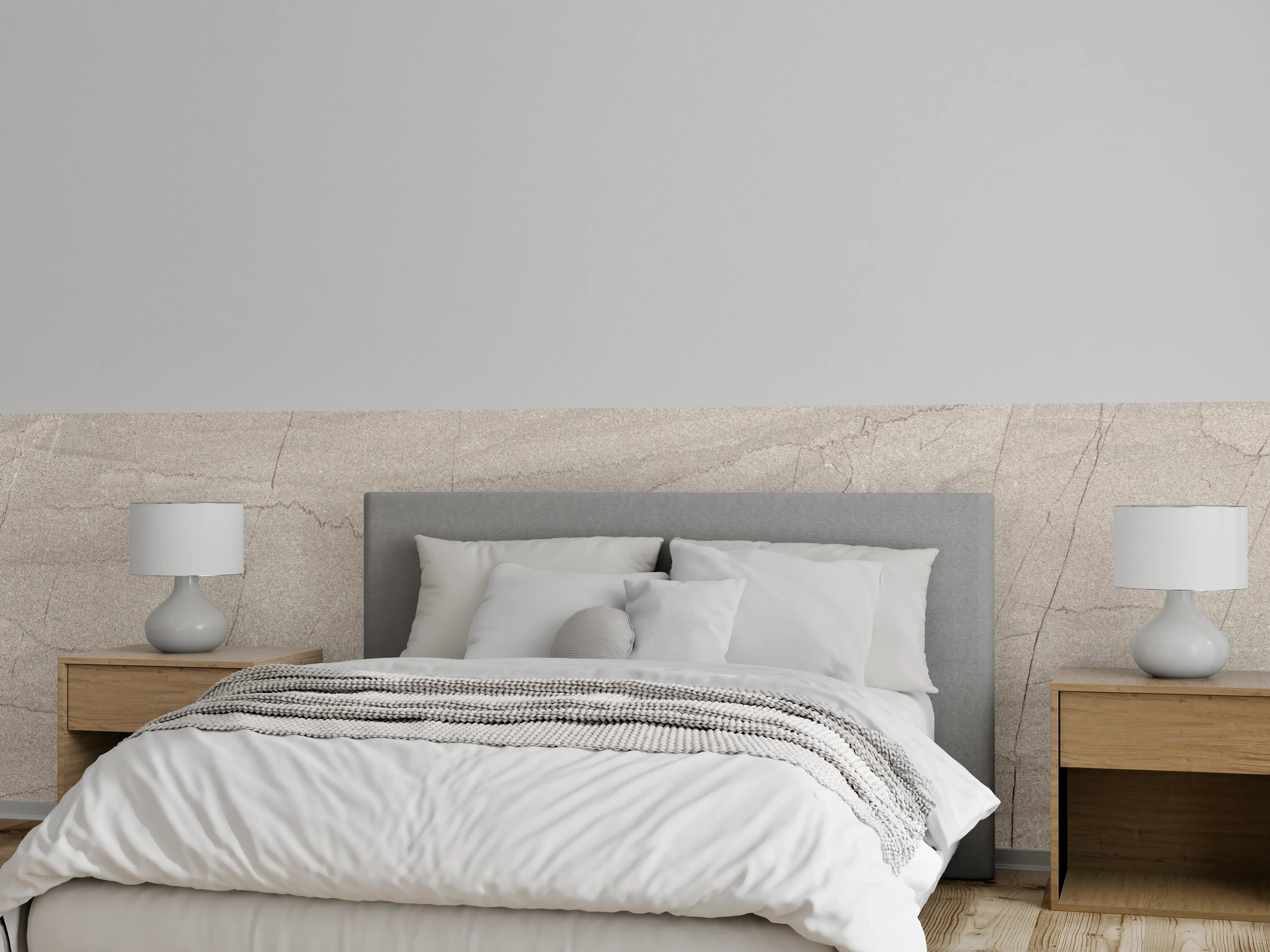 Wandverkleidung Schlafzimmer - Feiner sandfarbener Marmorlook mit Struktur