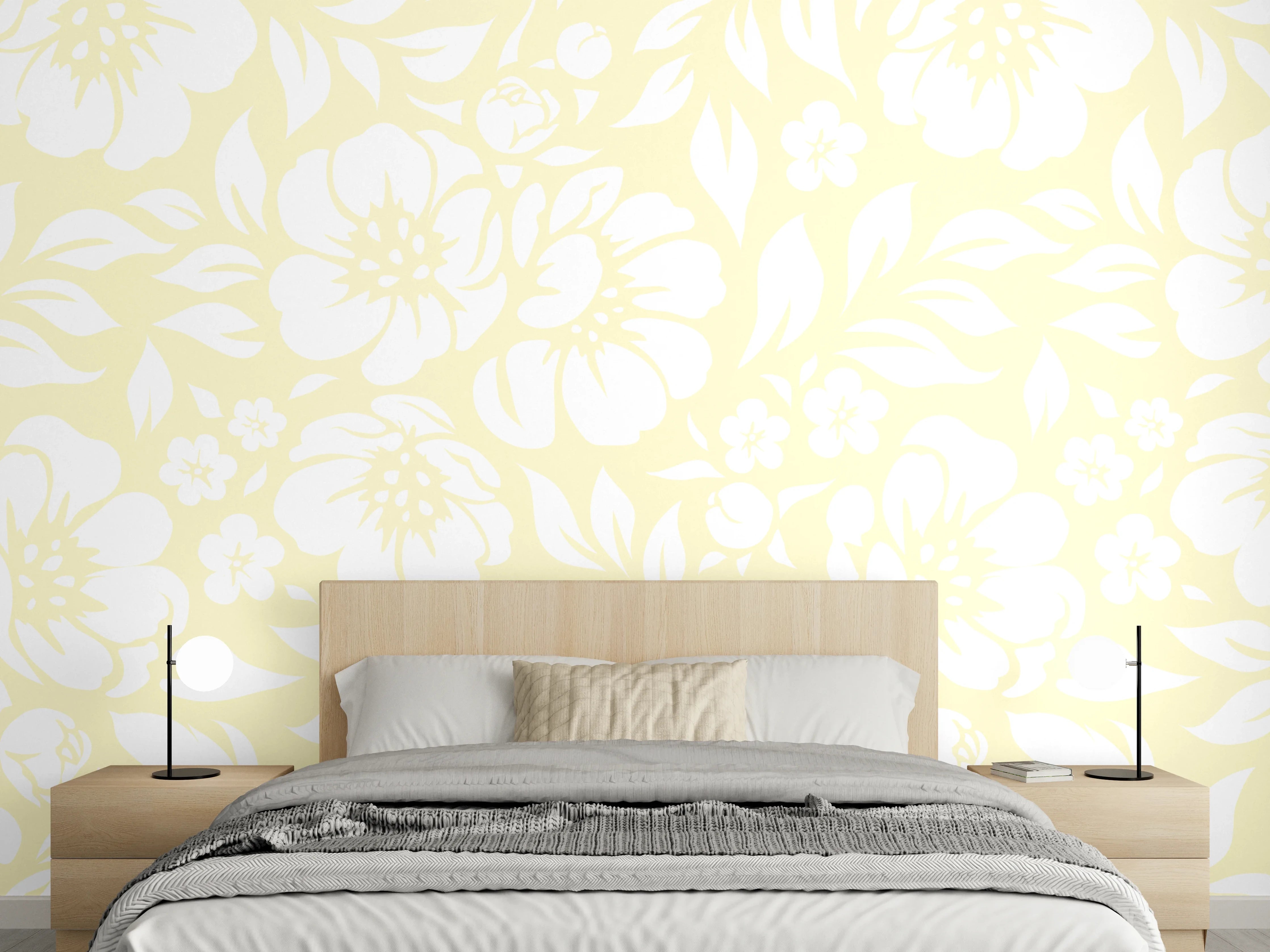 Wandverkleidung Schlafzimmer - Feines Blumenmuster Weiß auf Creme