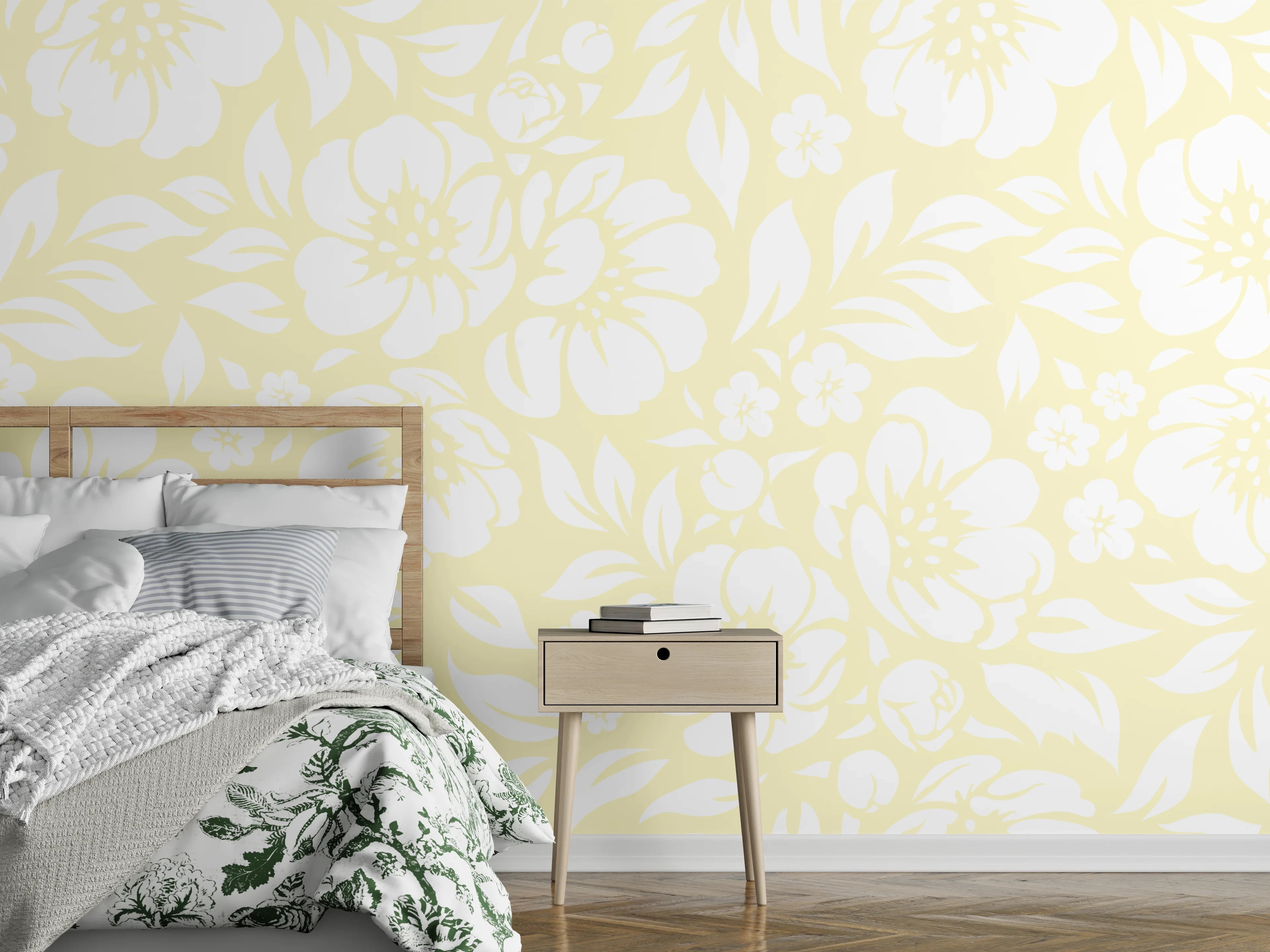 Wandverkleidung Schlafzimmer - Feines Blumenmuster Weiß auf Creme