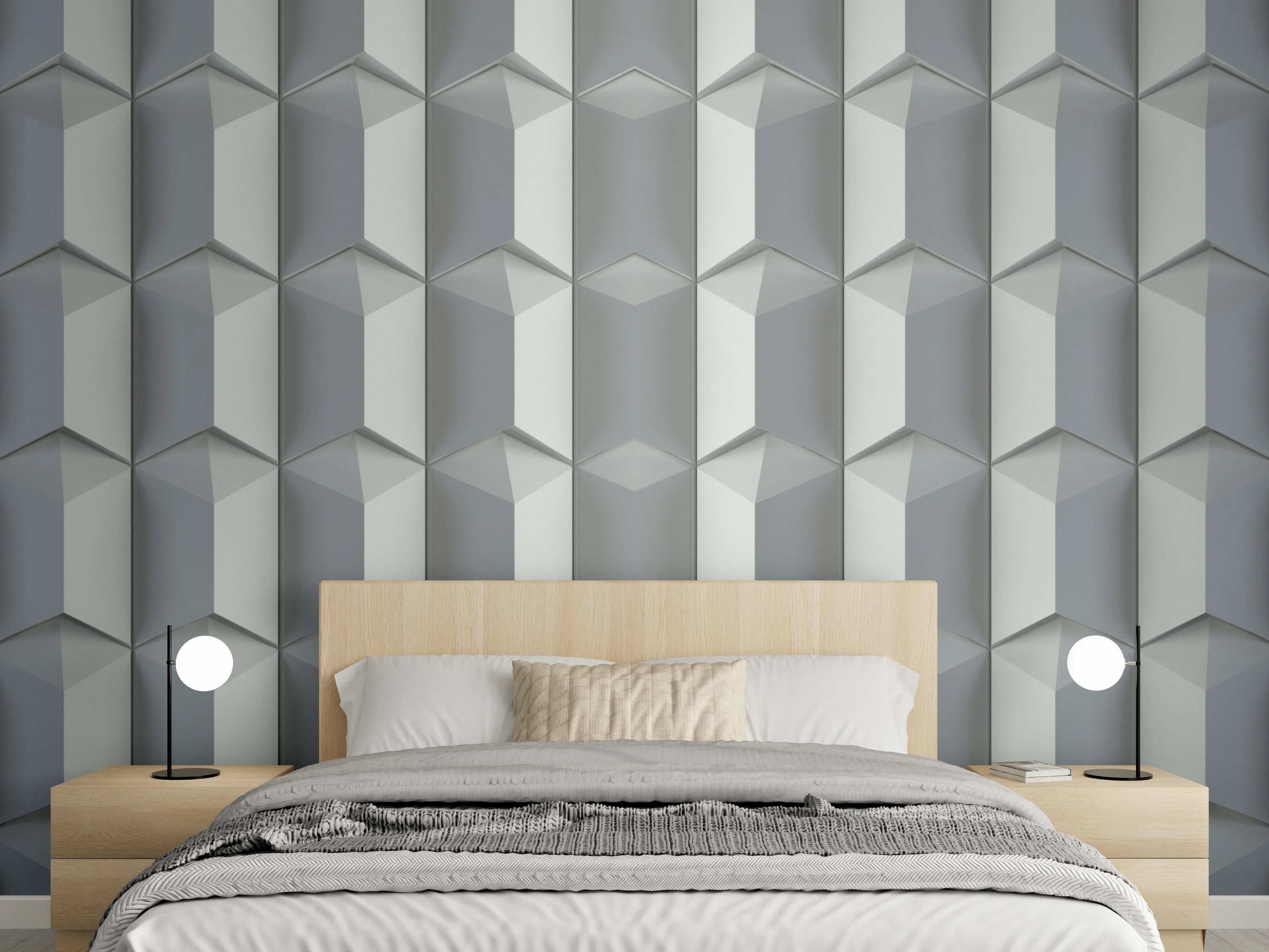 Wandverkleidung Schlafzimmer - Feines Weiß mit subtilen Graunuancen: Geometrisches Muster