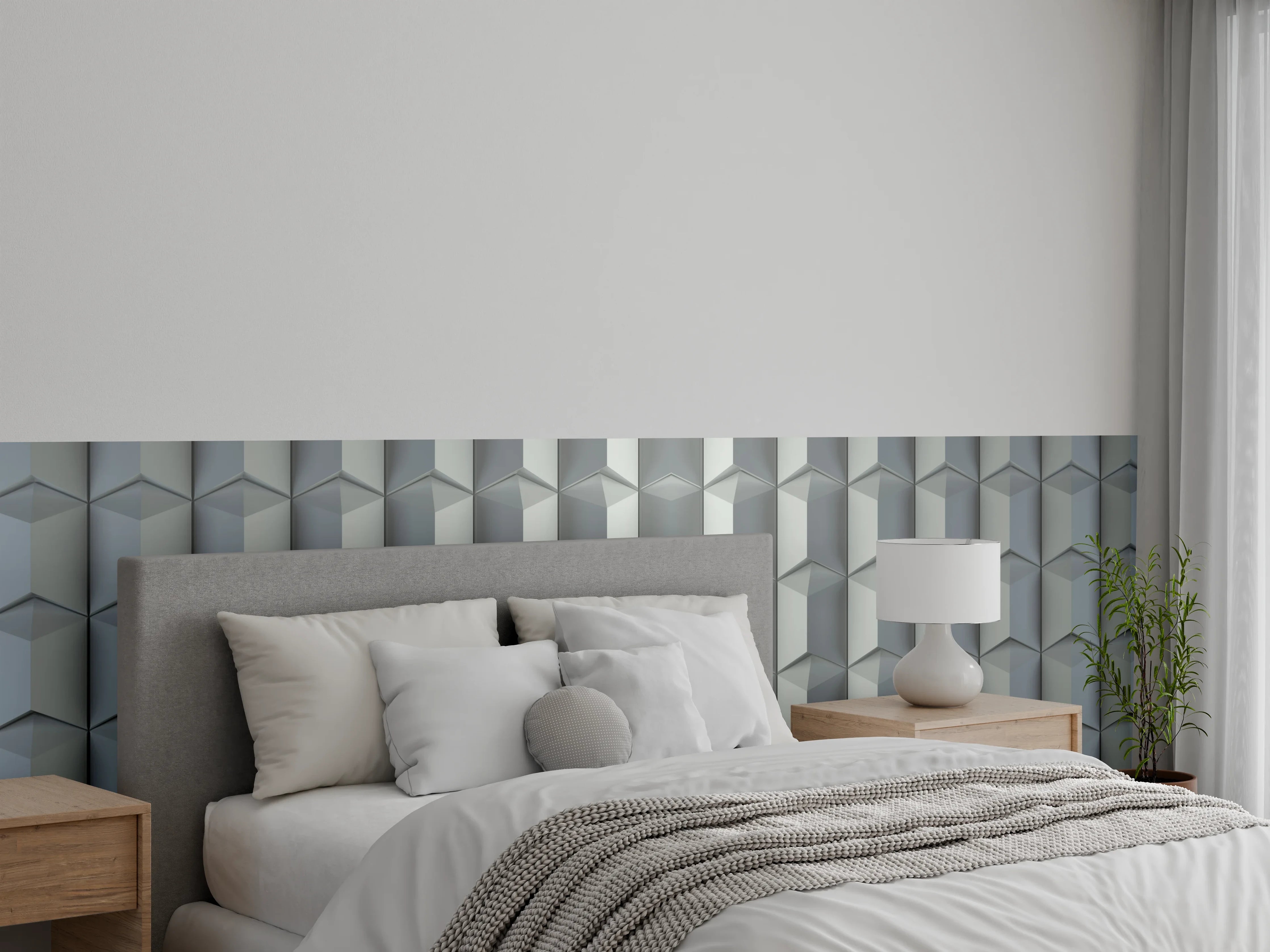 Wandverkleidung Schlafzimmer - Feines Weiß mit subtilen Graunuancen: Geometrisches Muster