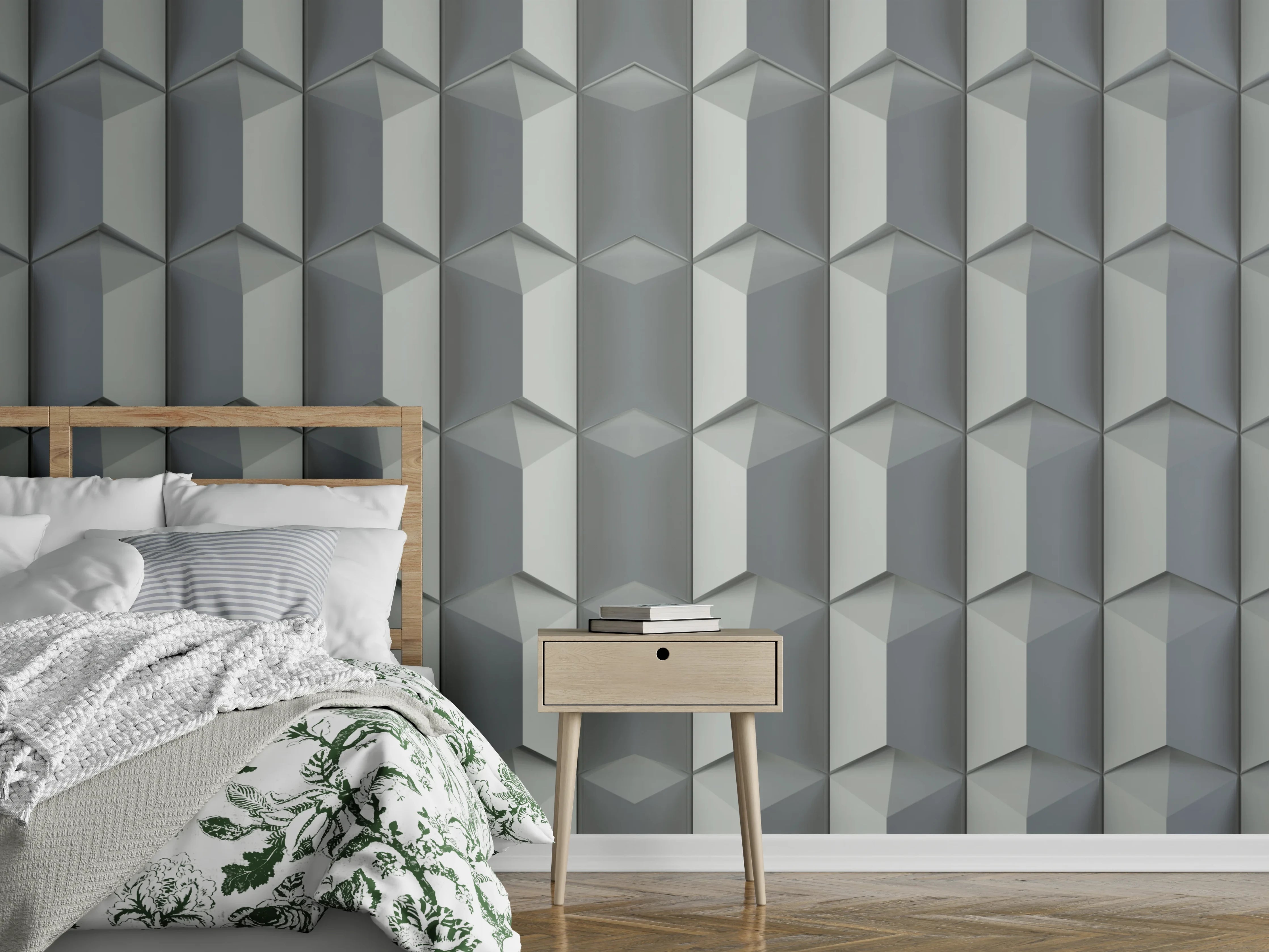 Wandverkleidung Schlafzimmer - Feines Weiß mit subtilen Graunuancen: Geometrisches Muster