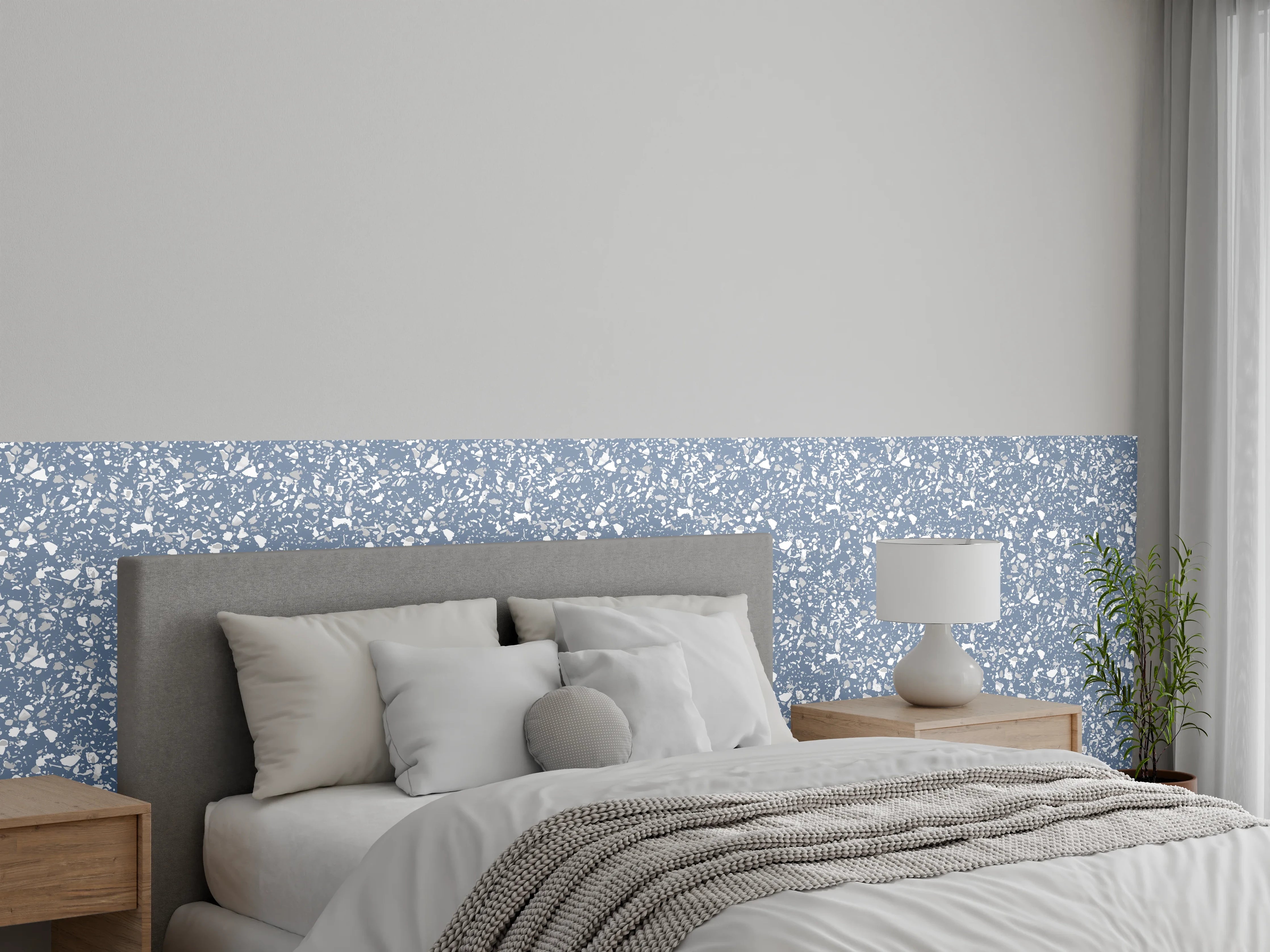 Wandverkleidung Schlafzimmer - Feines florales Muster in Blau-Weiß