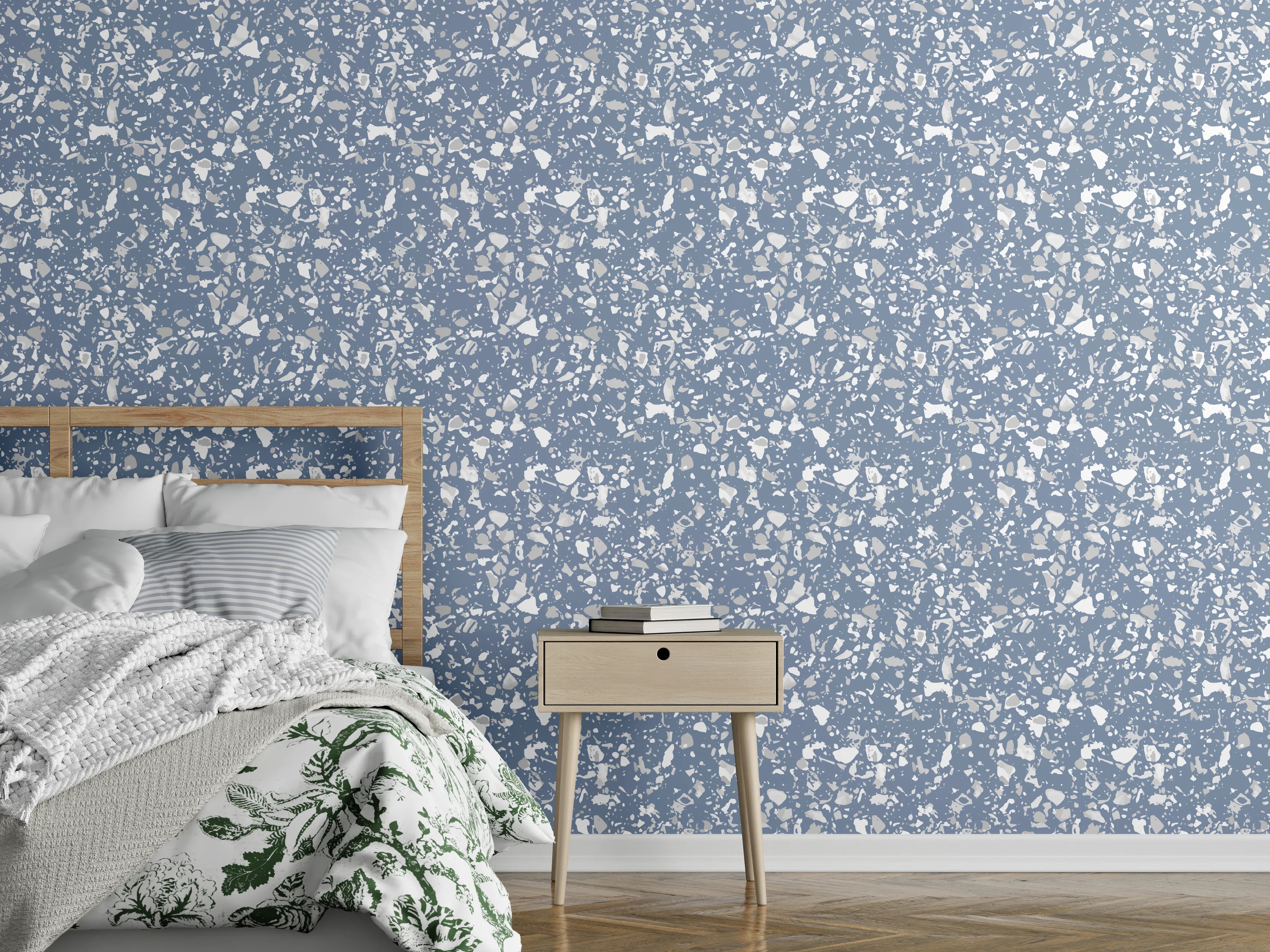 Wandverkleidung Schlafzimmer - Feines florales Muster in Blau-Weiß