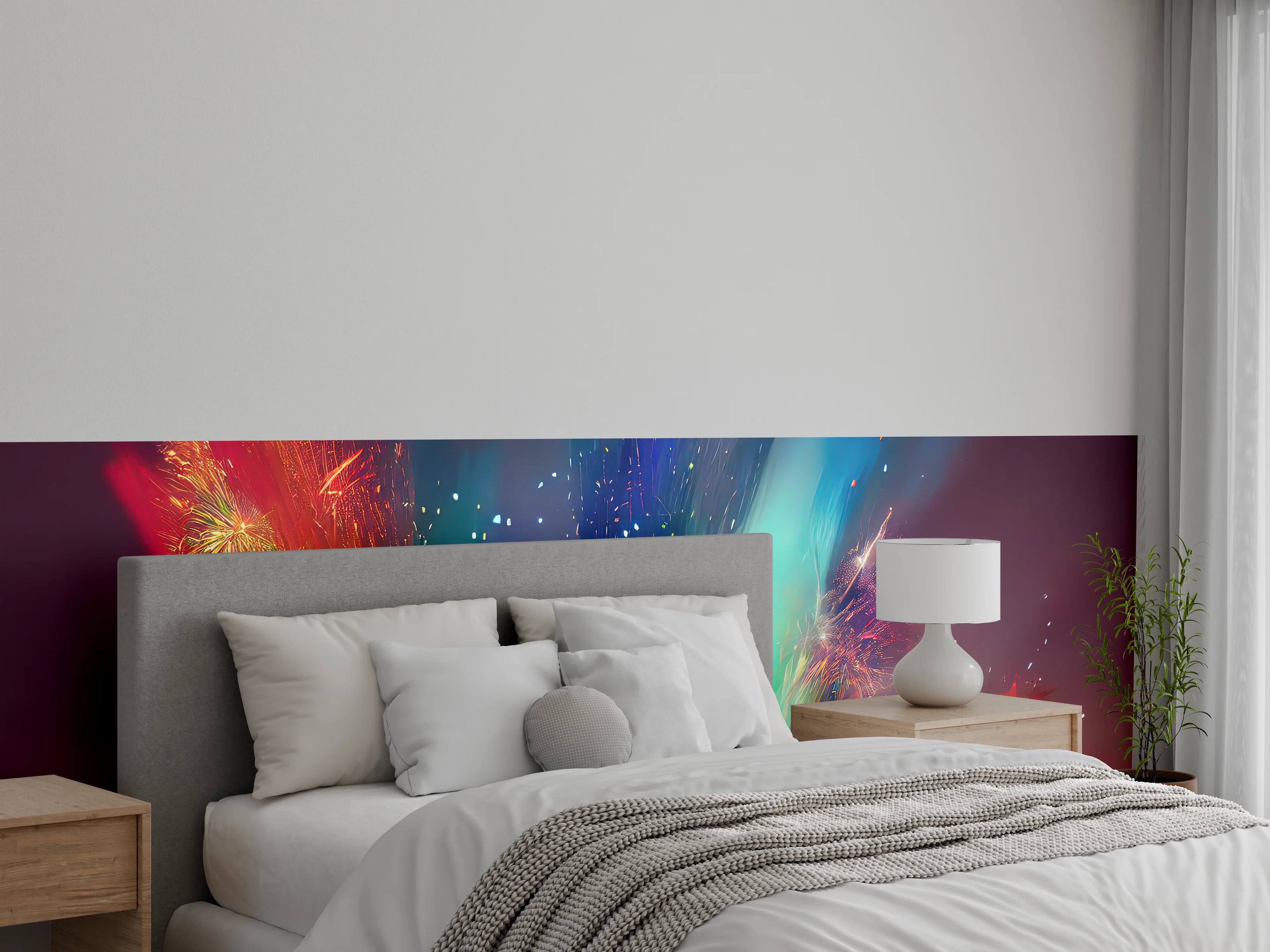 Wandverkleidung Schlafzimmer - Feuerwerk über Stadt bei Nacht - Illustration