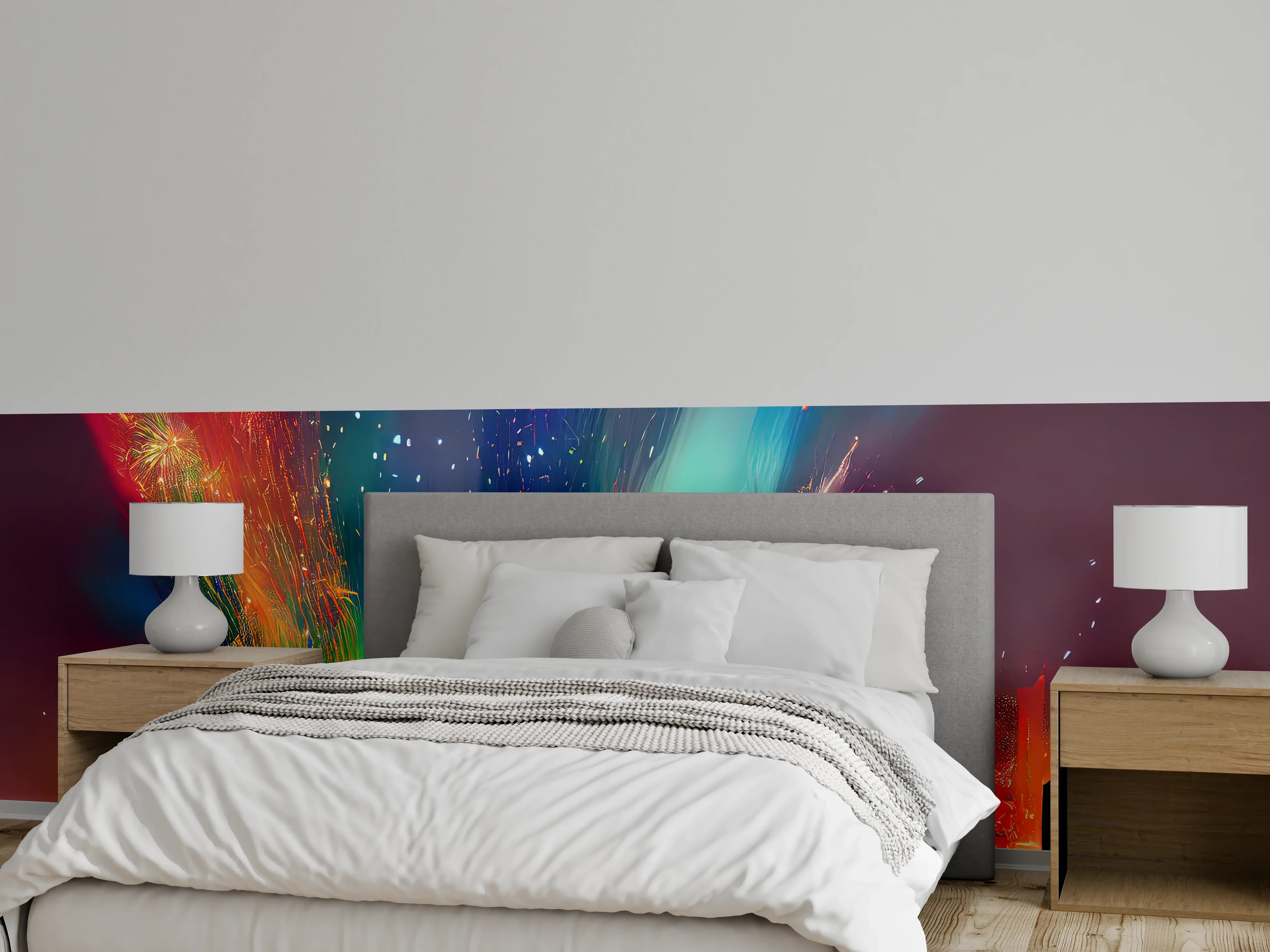Wandverkleidung Schlafzimmer - Feuerwerk über Stadt bei Nacht - Illustration