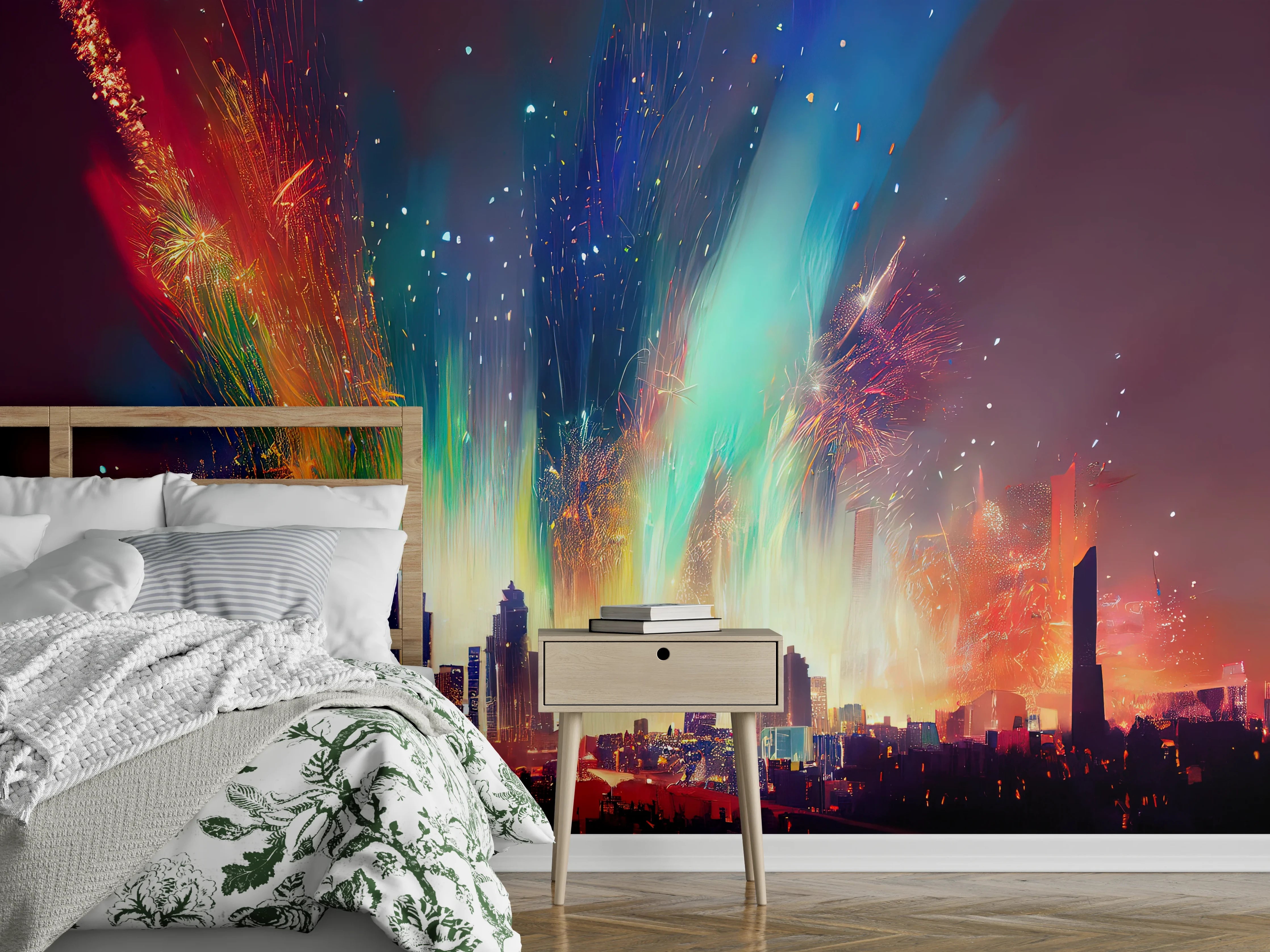 Wandverkleidung Schlafzimmer - Feuerwerk über Stadt bei Nacht - Illustration