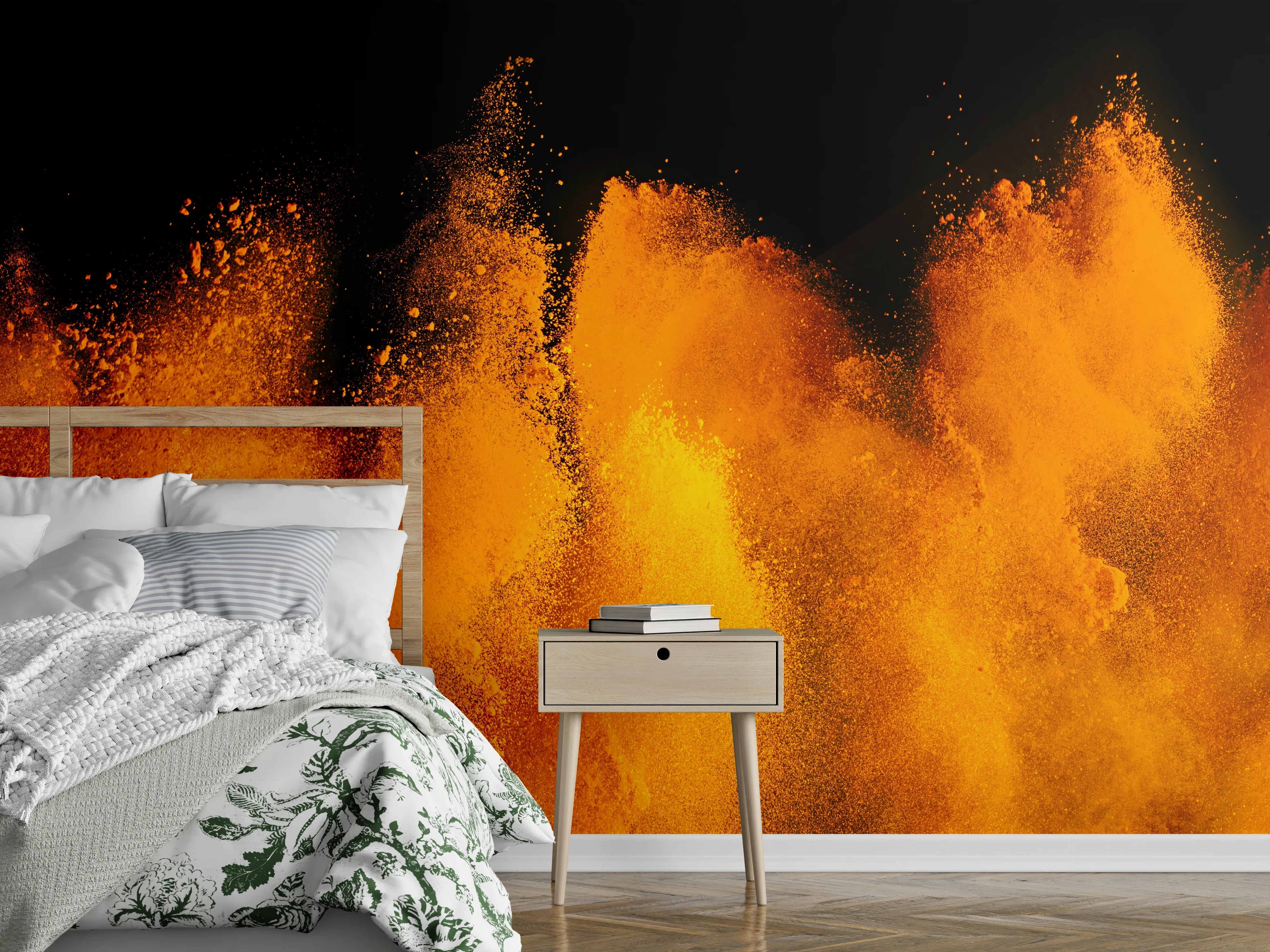Wandverkleidung Schlafzimmer - Feurige Farbpulver Explosion Kunstmotiv