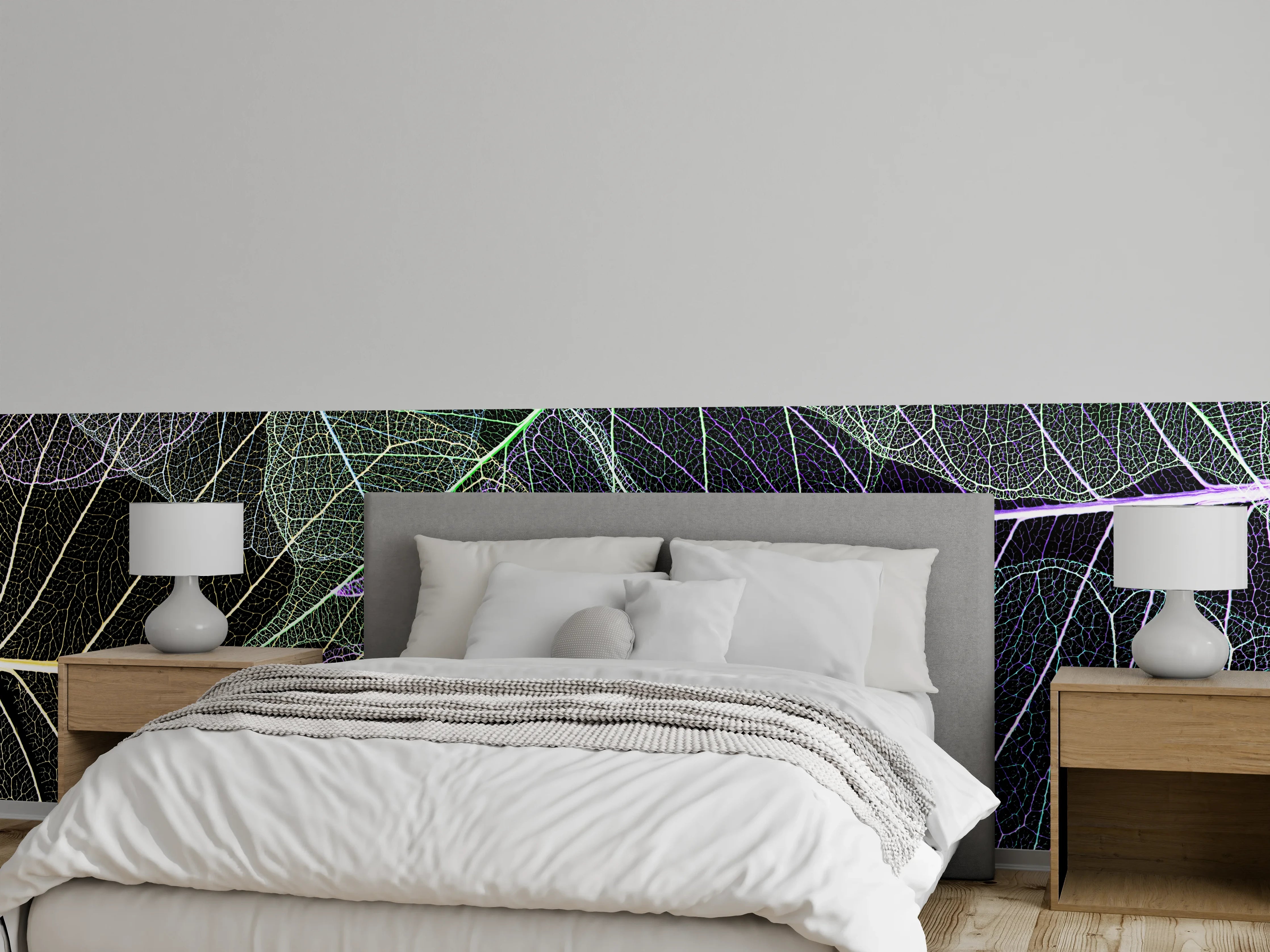 Wandverkleidung Schlafzimmer - Filigrane Blätter auf dunklem Grund