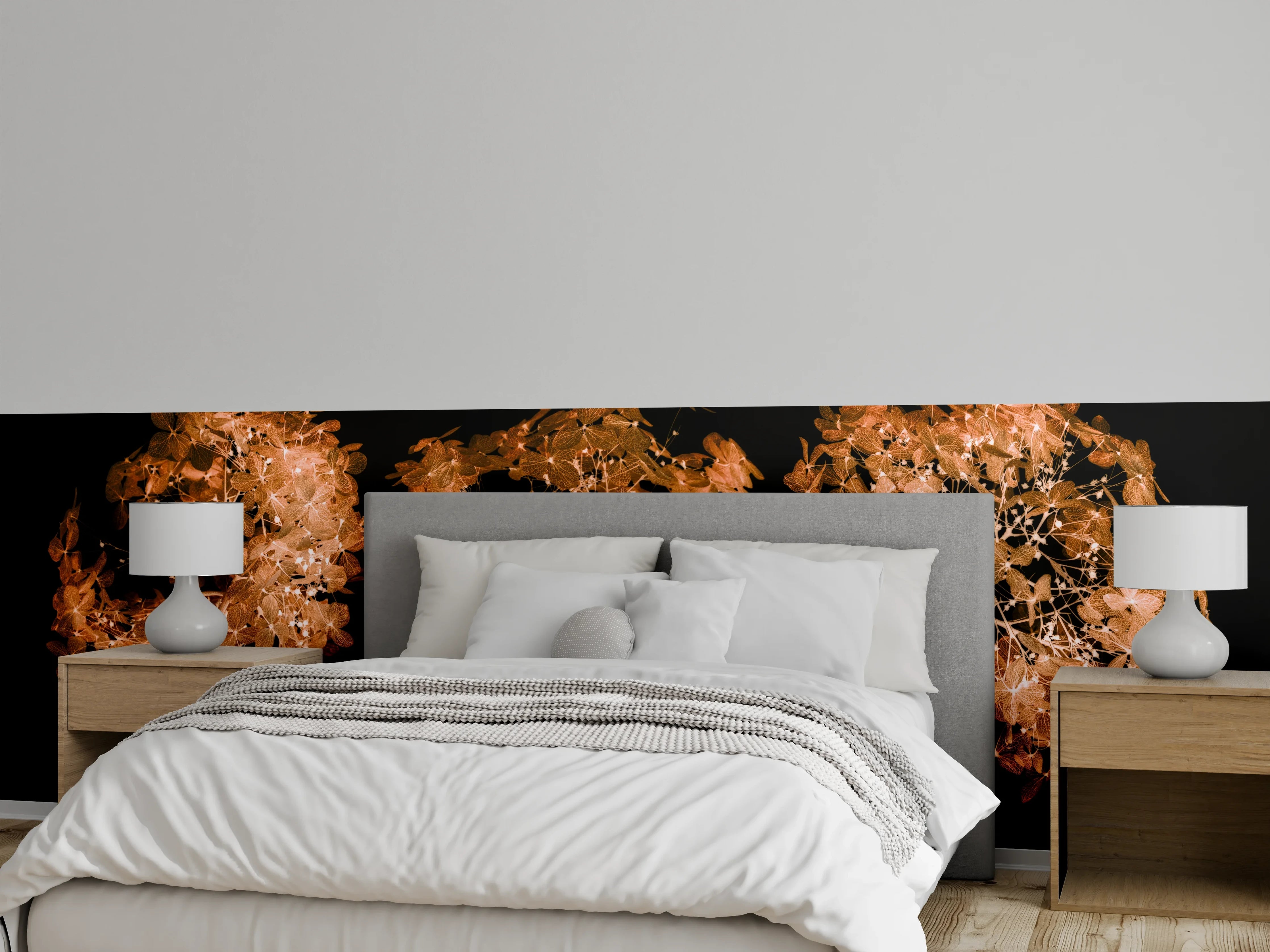 Wandverkleidung Schlafzimmer - Filigrane getrocknete Blüten auf Schwarz