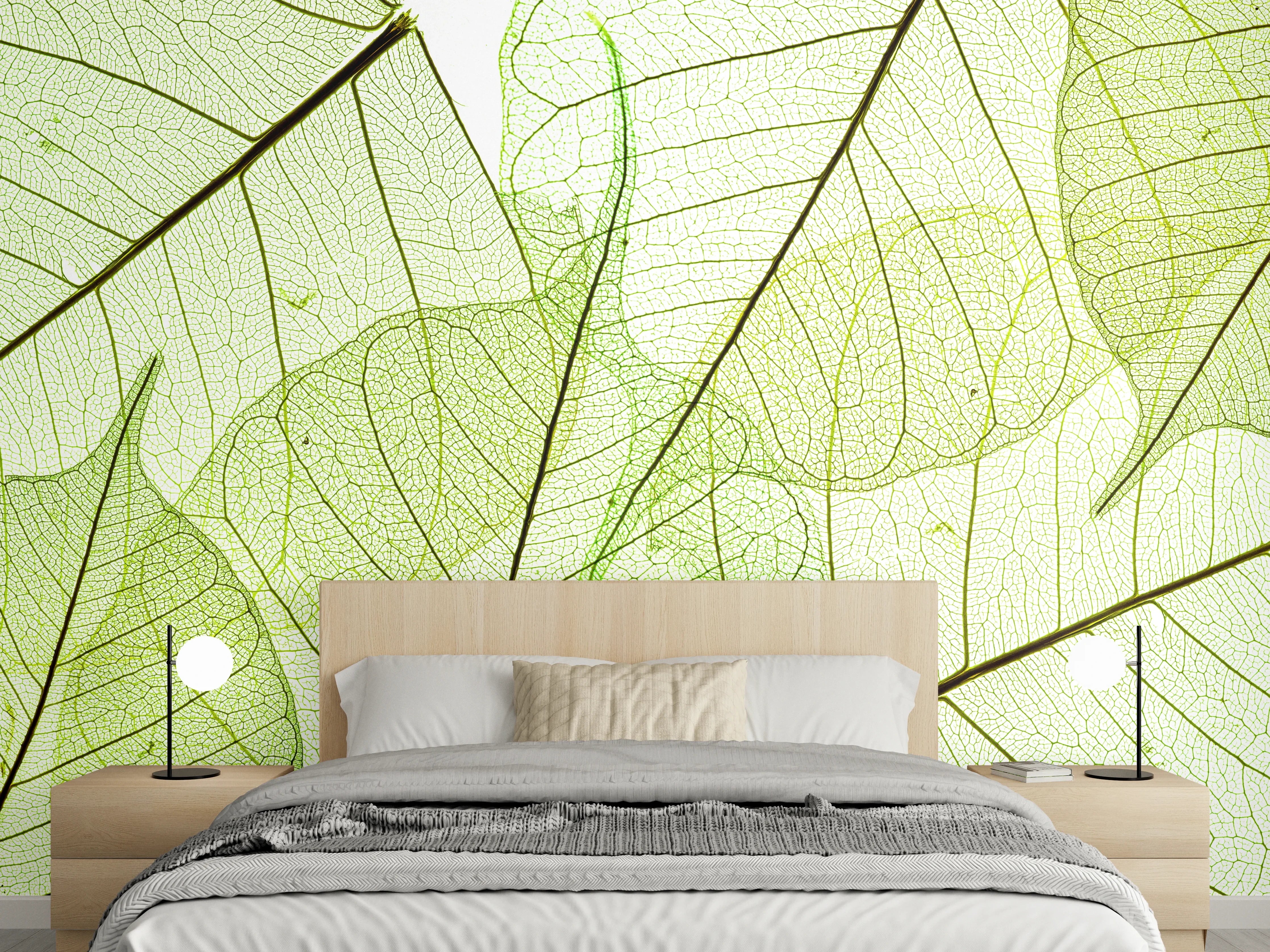 Wandverkleidung Schlafzimmer - Filigrane grüne Blätter transparent