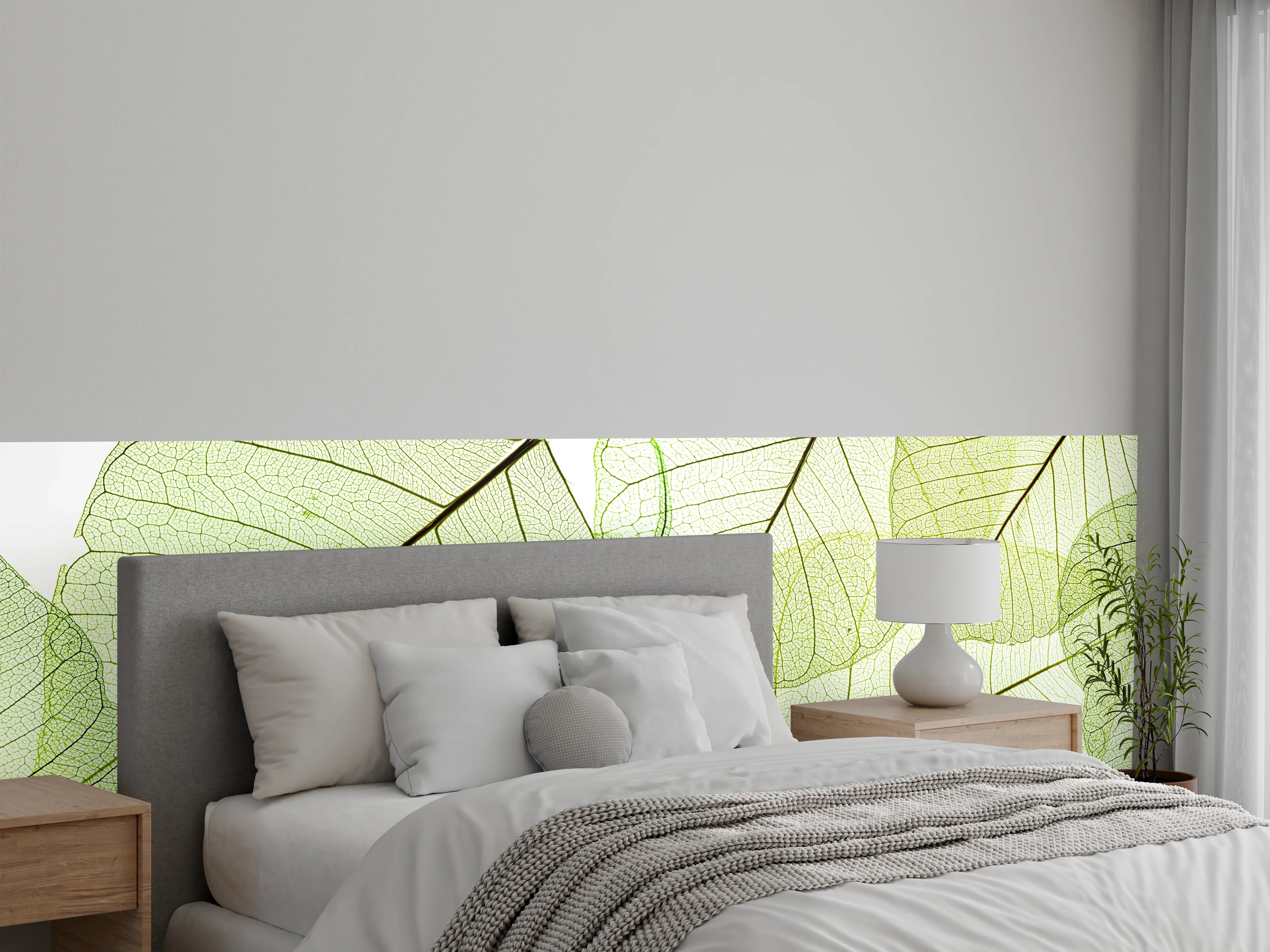 Wandverkleidung Schlafzimmer - Filigrane grüne Blätter transparent