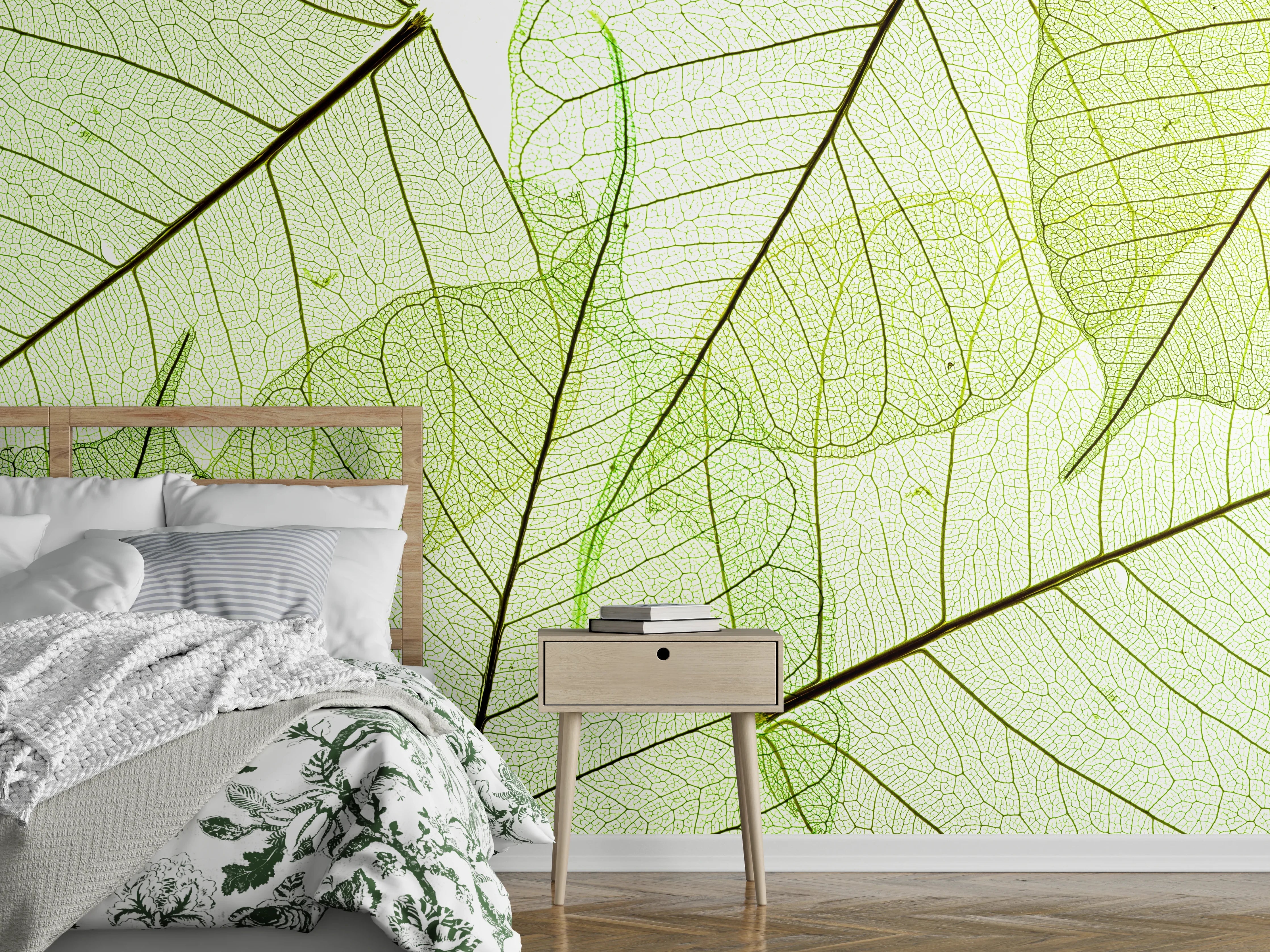Wandverkleidung Schlafzimmer - Filigrane grüne Blätter transparent