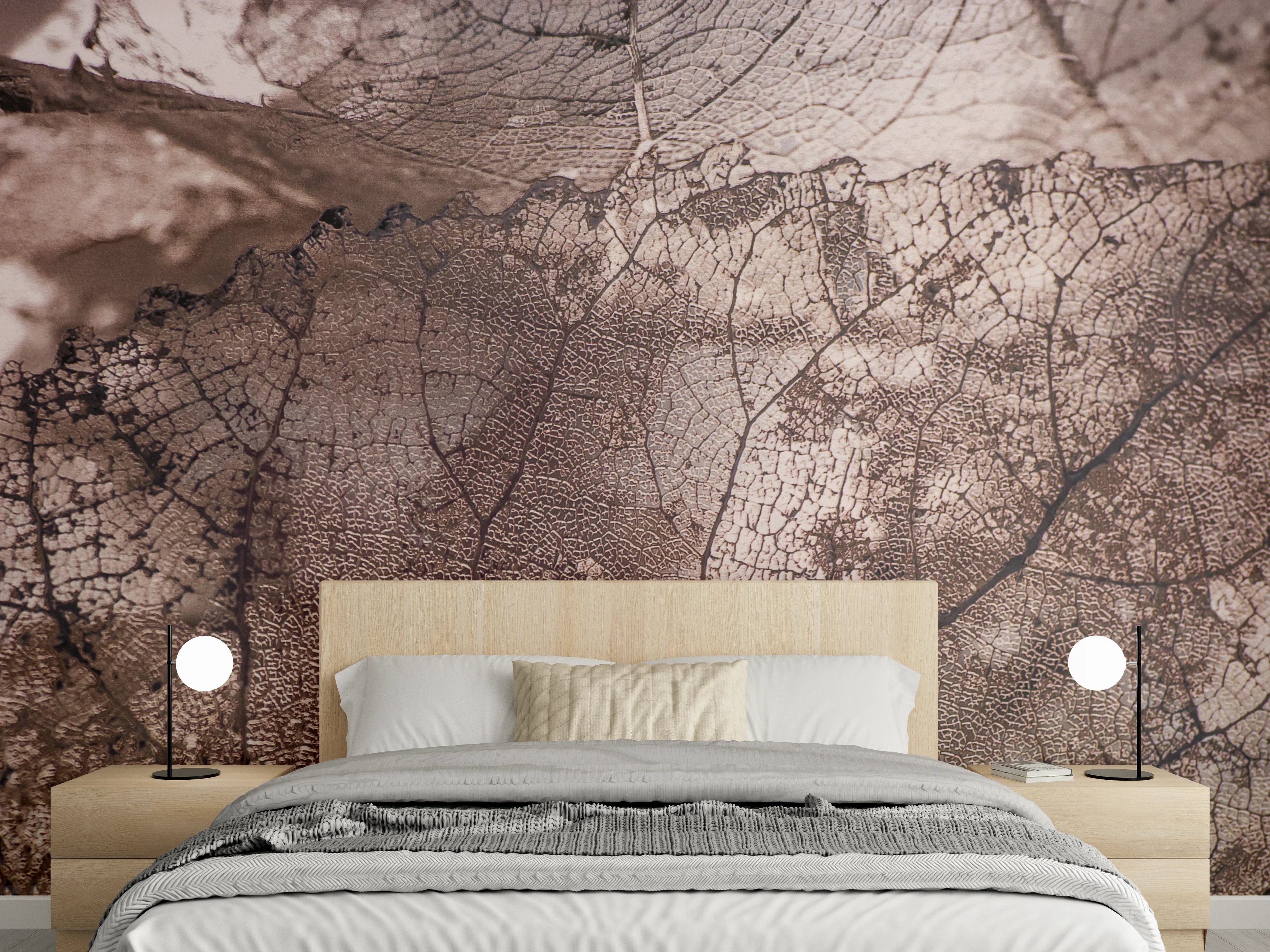 Wandverkleidung Schlafzimmer - Filigrane, transparente Blätter als Wandbild
