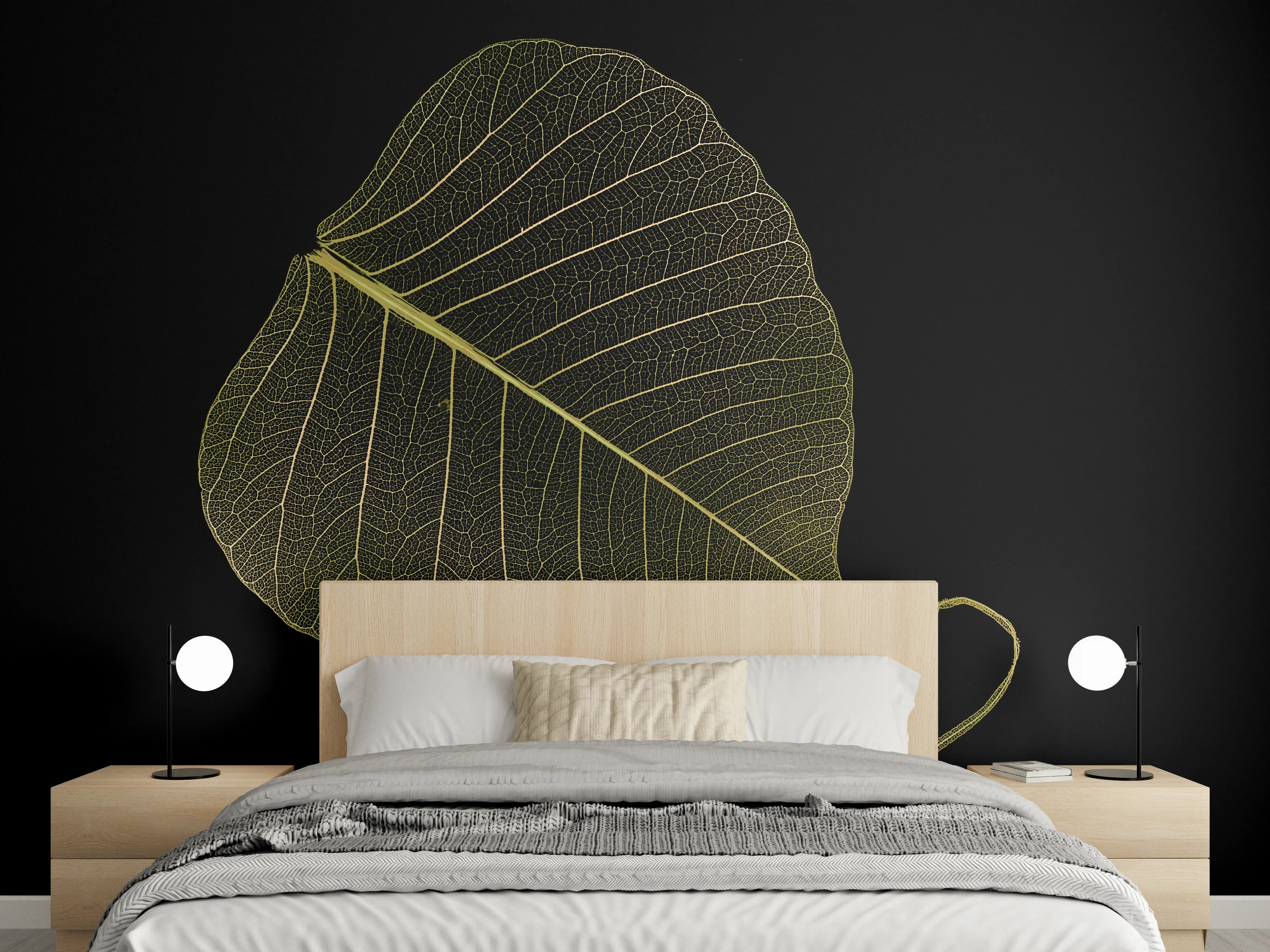 Wandverkleidung Schlafzimmer - Filigranes Blattskelett auf Schwarz