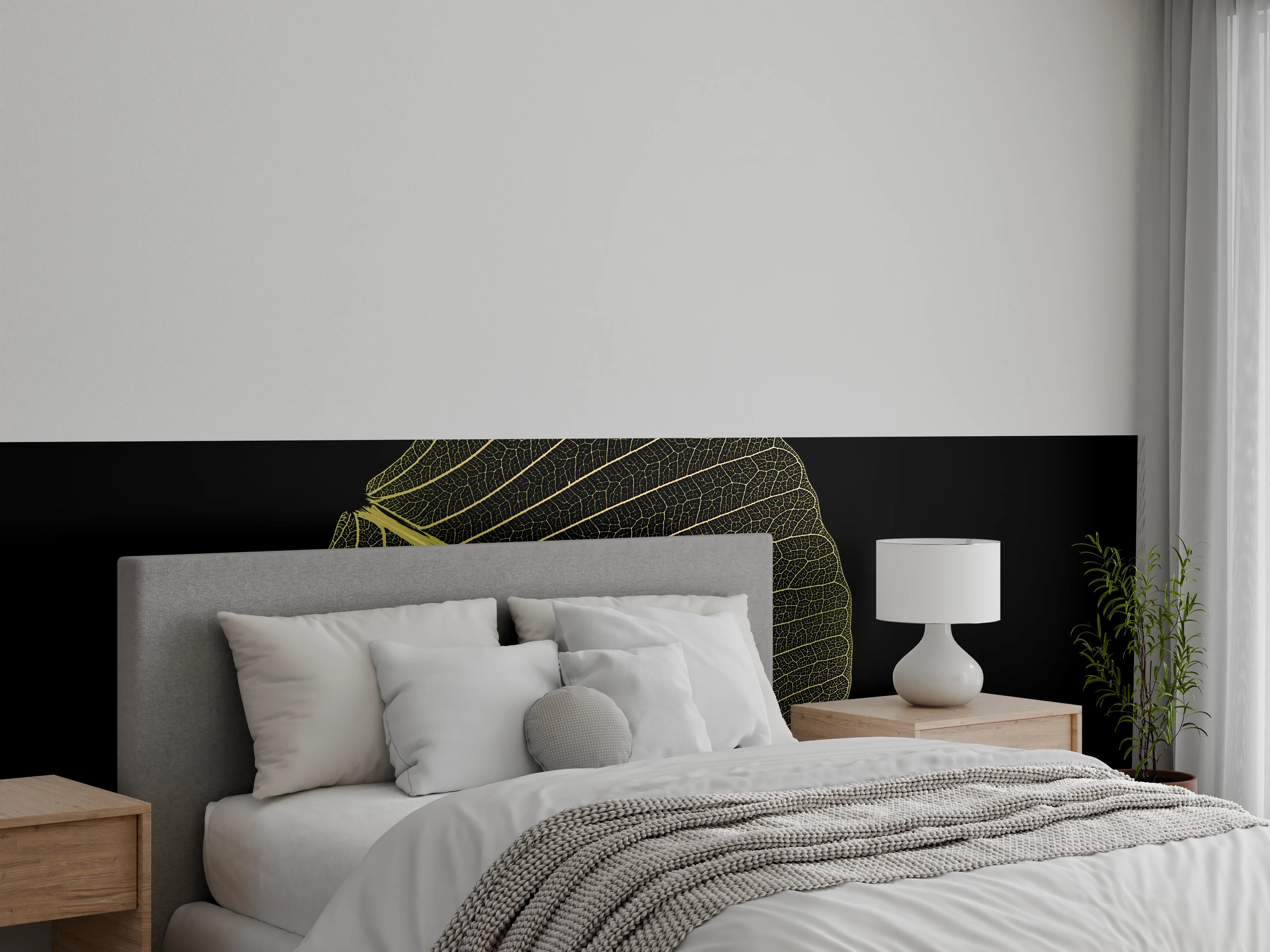 Wandverkleidung Schlafzimmer - Filigranes Blattskelett auf Schwarz