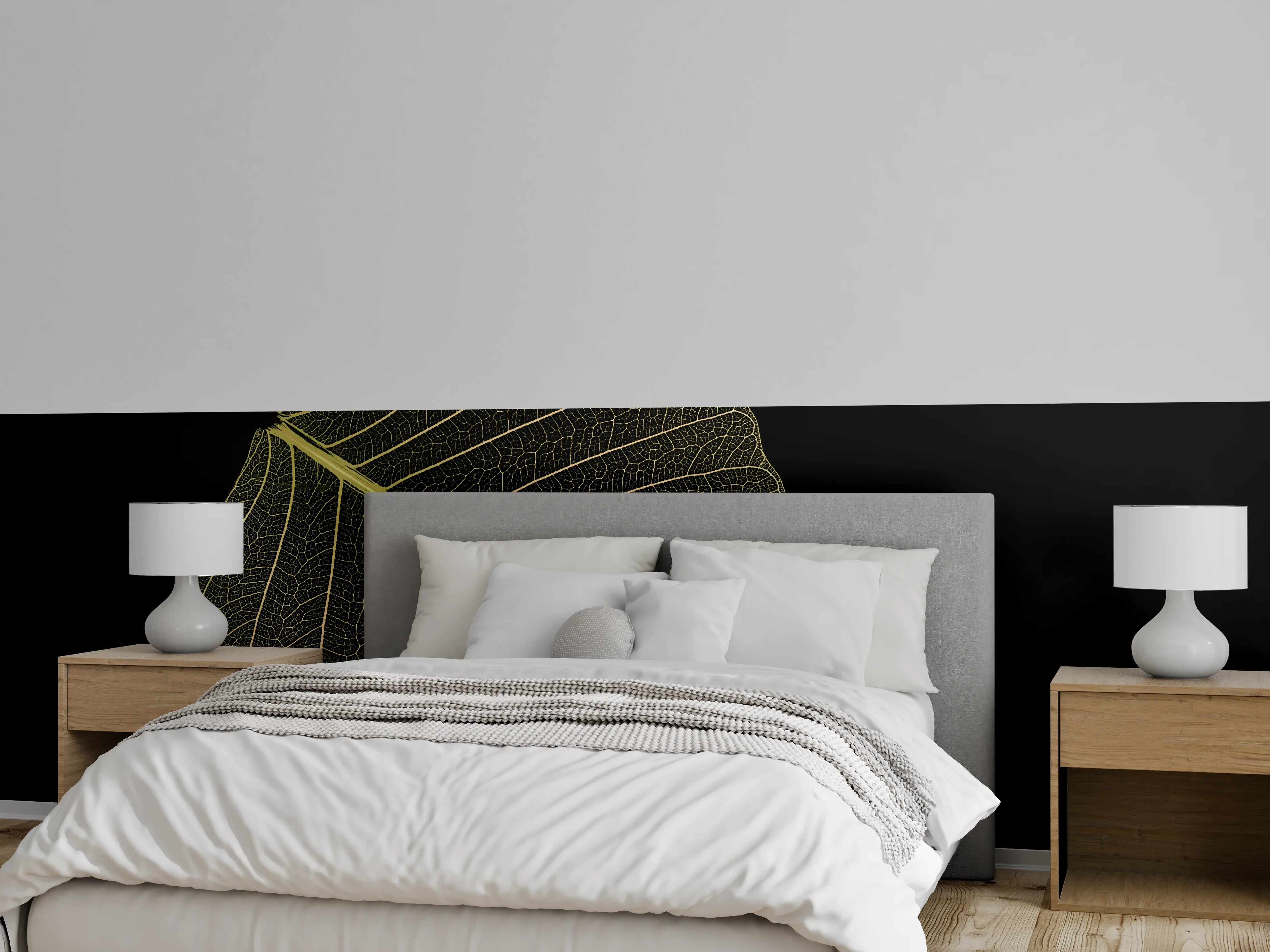 Wandverkleidung Schlafzimmer - Filigranes Blattskelett auf Schwarz