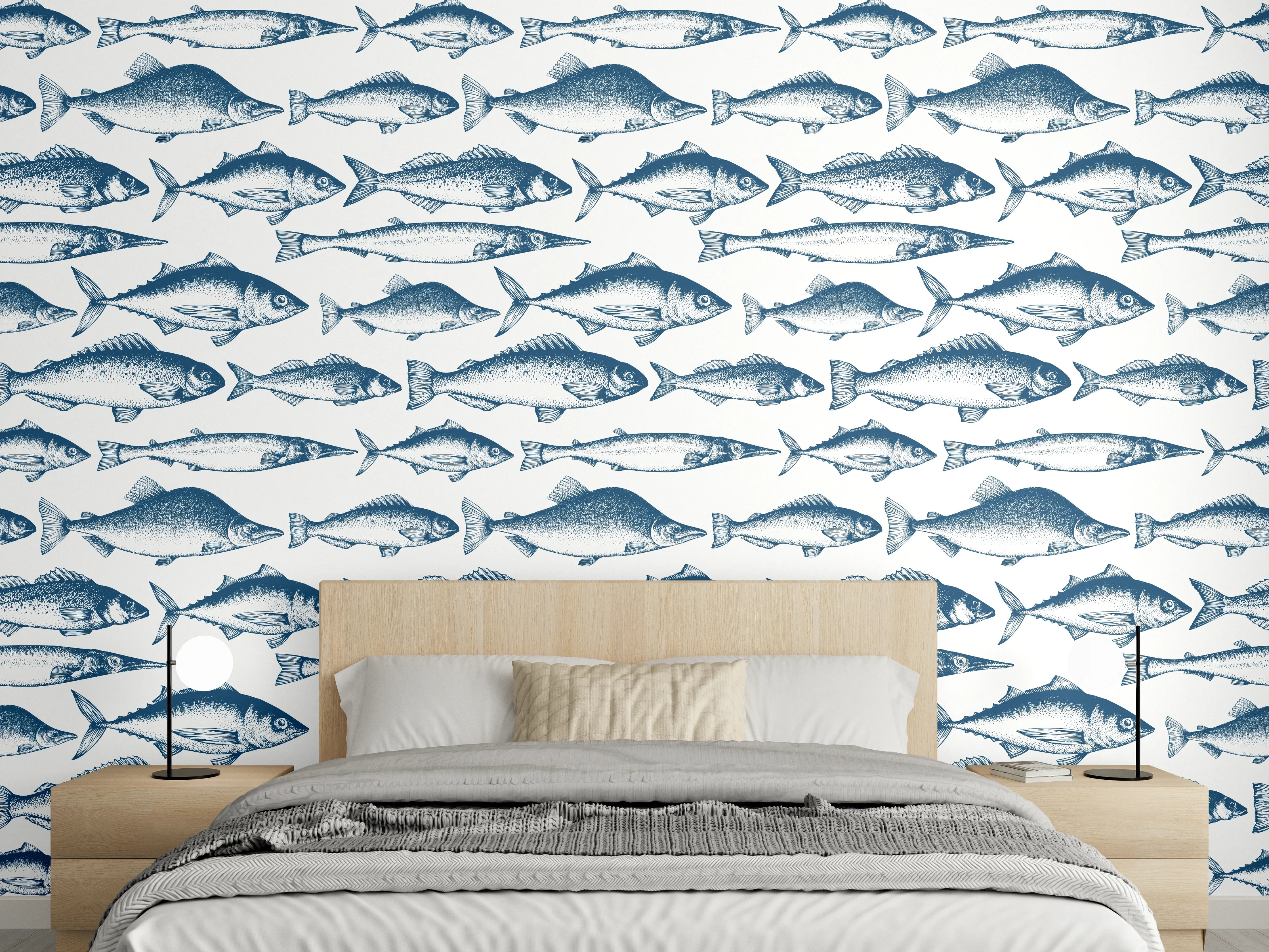 Wandverkleidung Schlafzimmer - Fisch-Design in Blau und Weiß