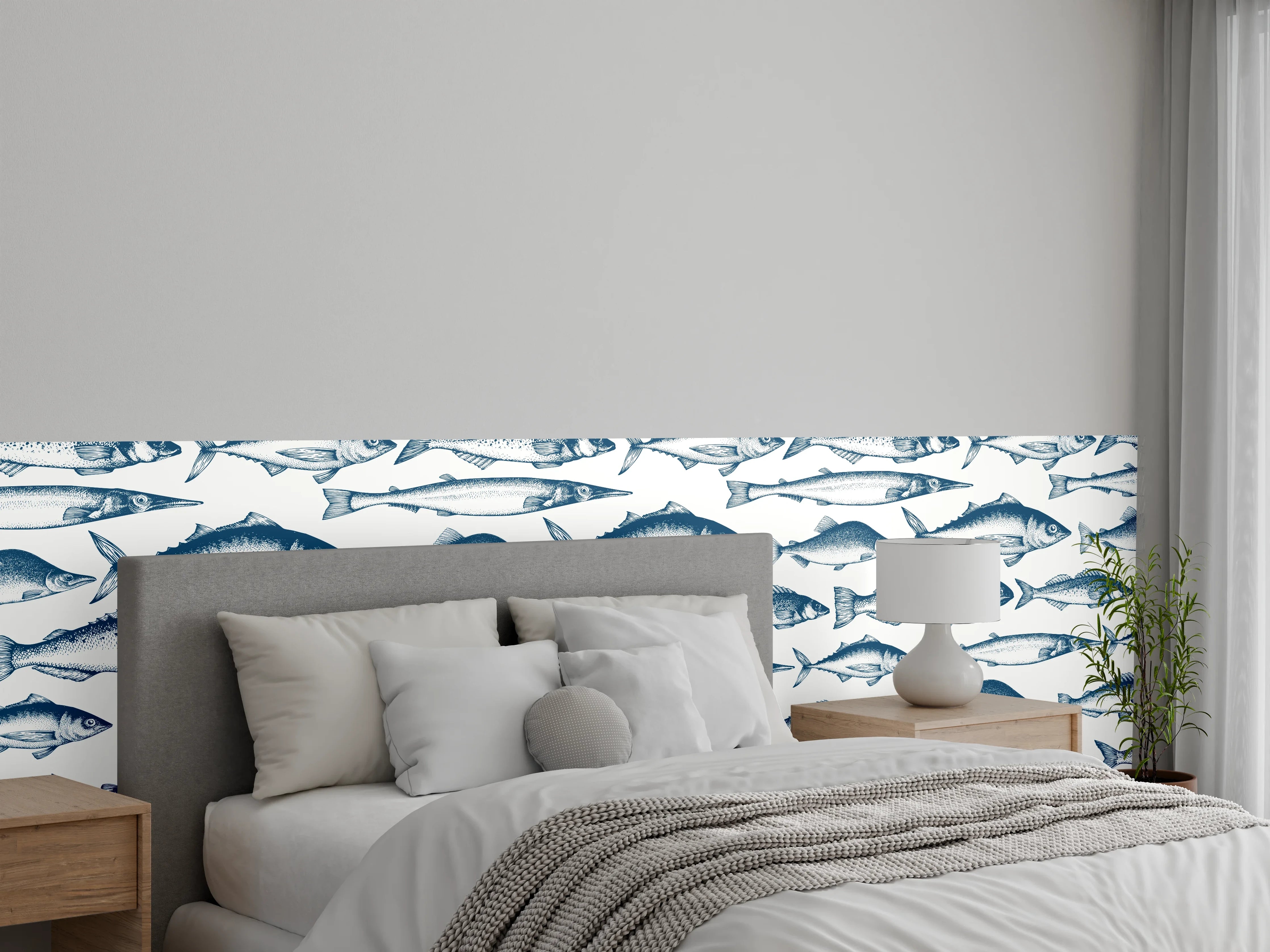 Wandverkleidung Schlafzimmer - Fisch-Design in Blau und Weiß