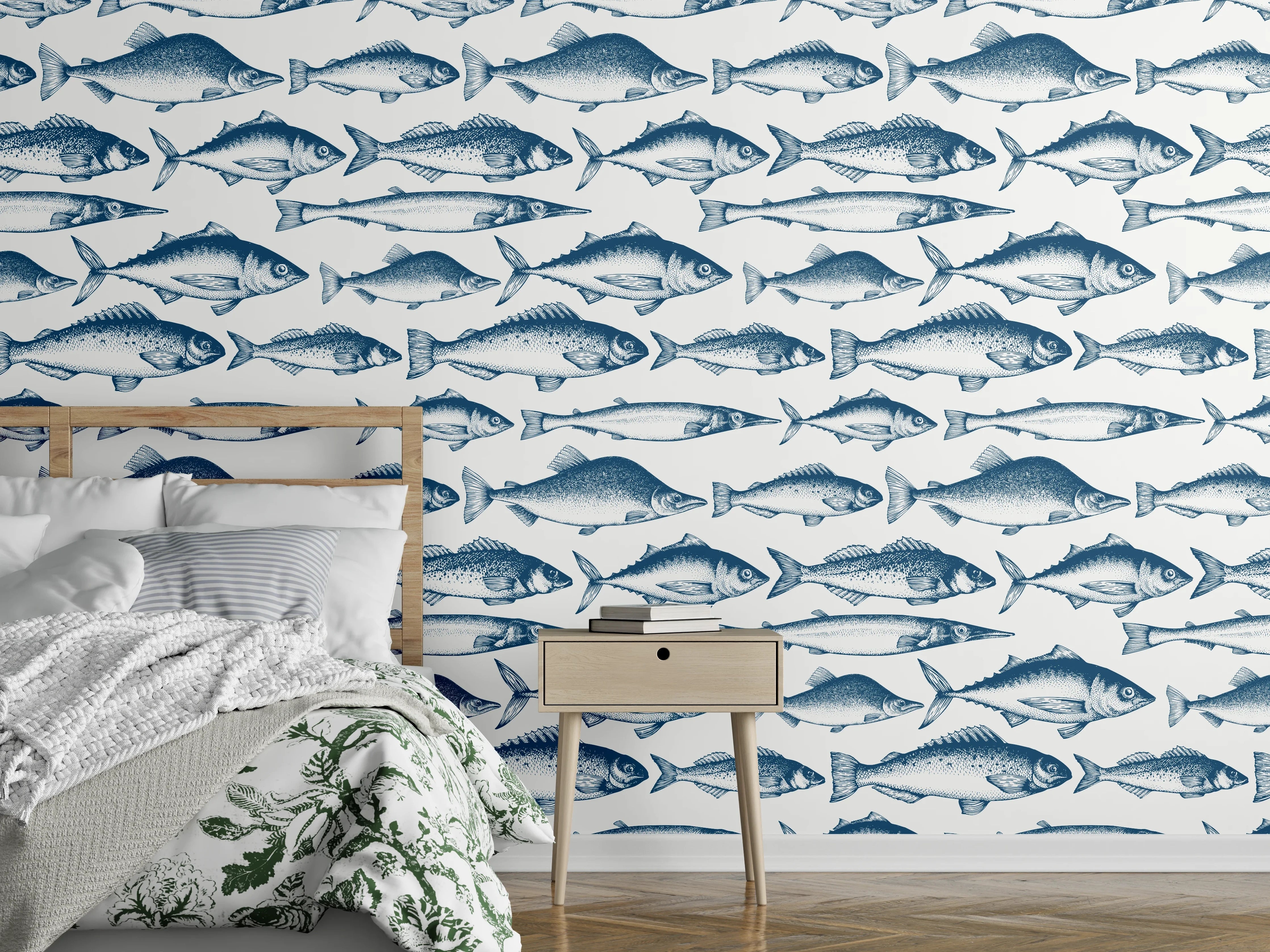 Wandverkleidung Schlafzimmer - Fisch-Design in Blau und Weiß