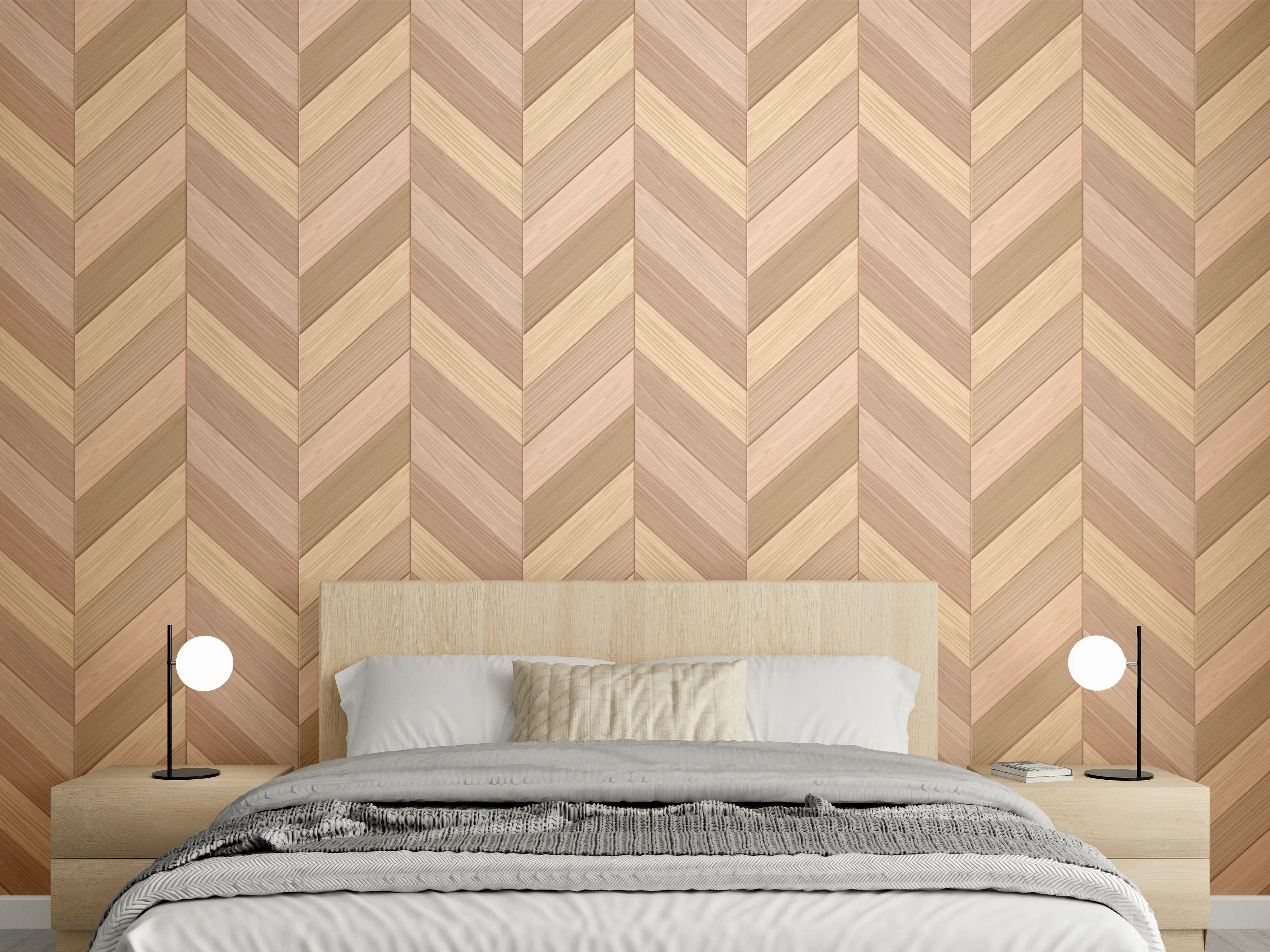 Wandverkleidung Schlafzimmer - Fischgrät Parkett Braun