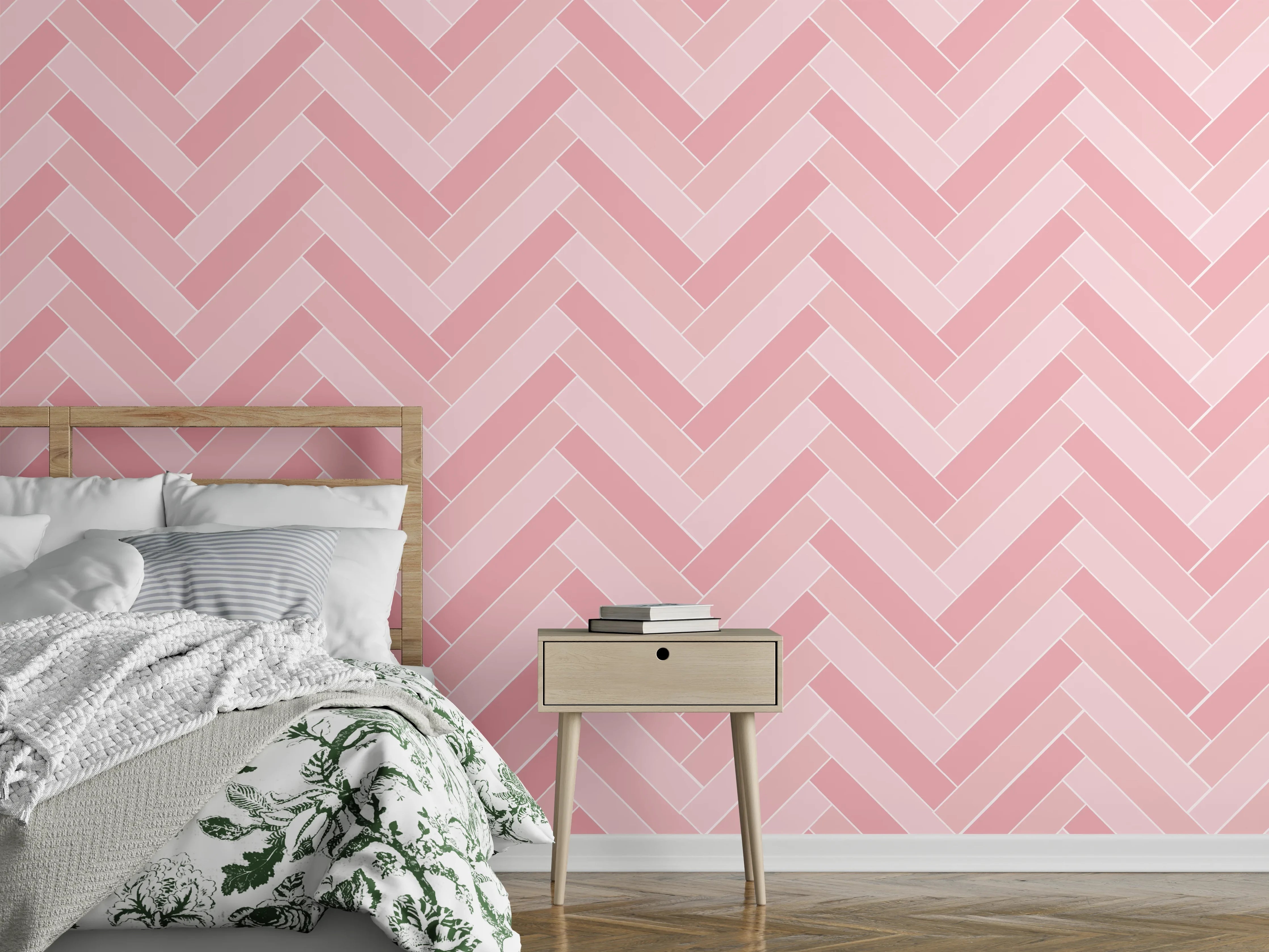 Wandverkleidung Schlafzimmer - Fischgrätmuster in sanftem Rosa