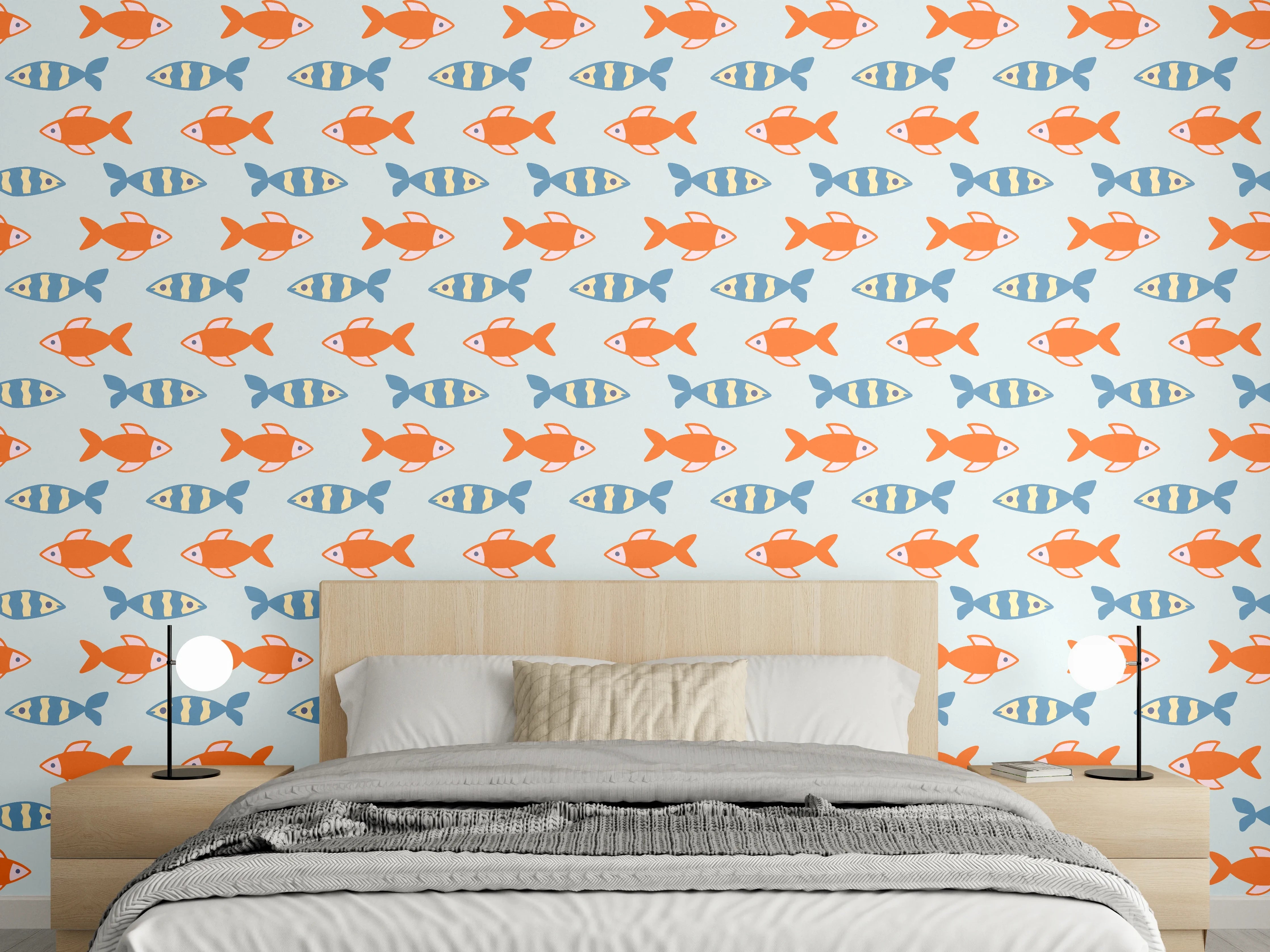 Wandverkleidung Schlafzimmer - Fischmuster Orange-Blau