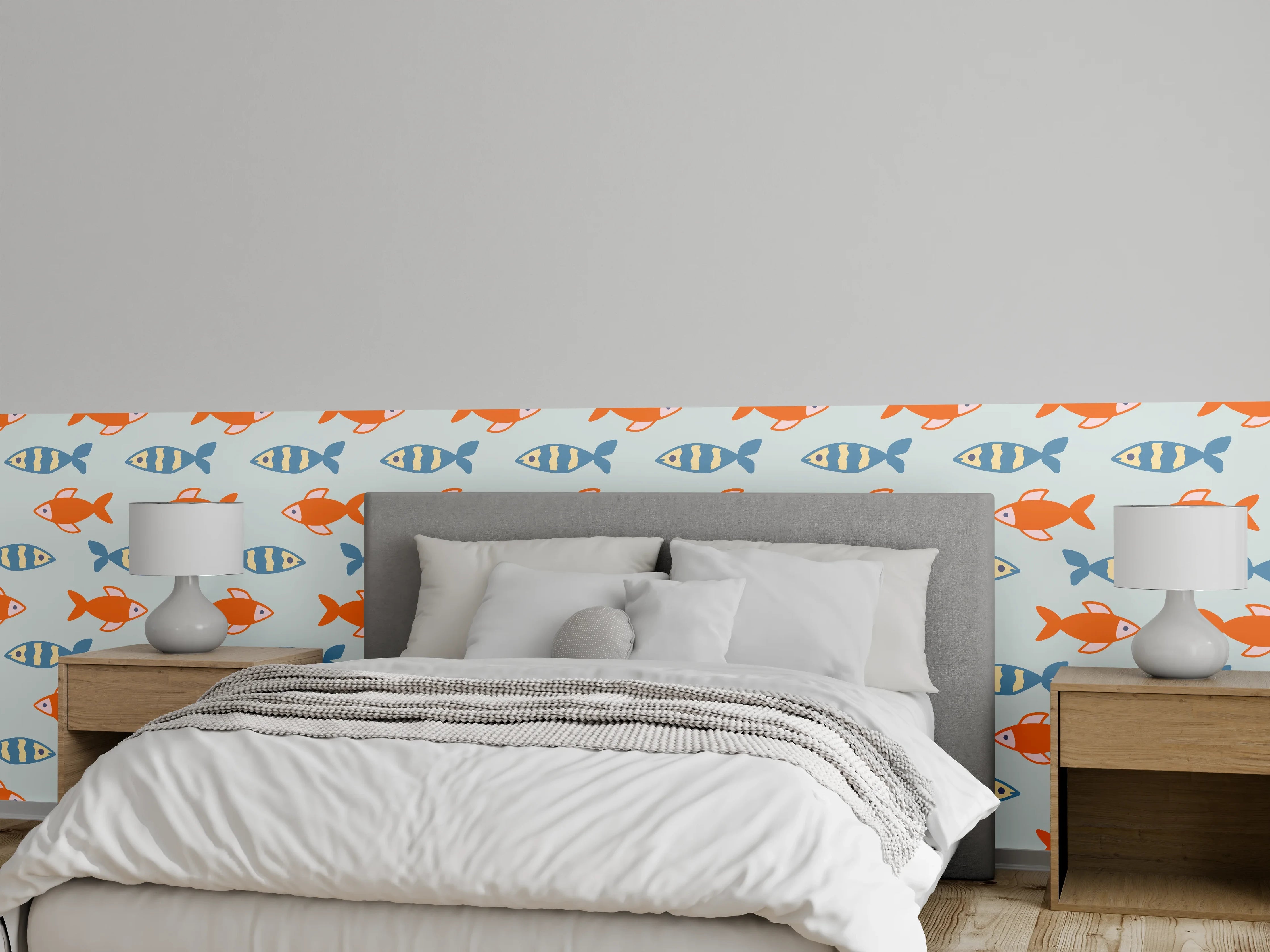 Wandverkleidung Schlafzimmer - Fischmuster Orange-Blau