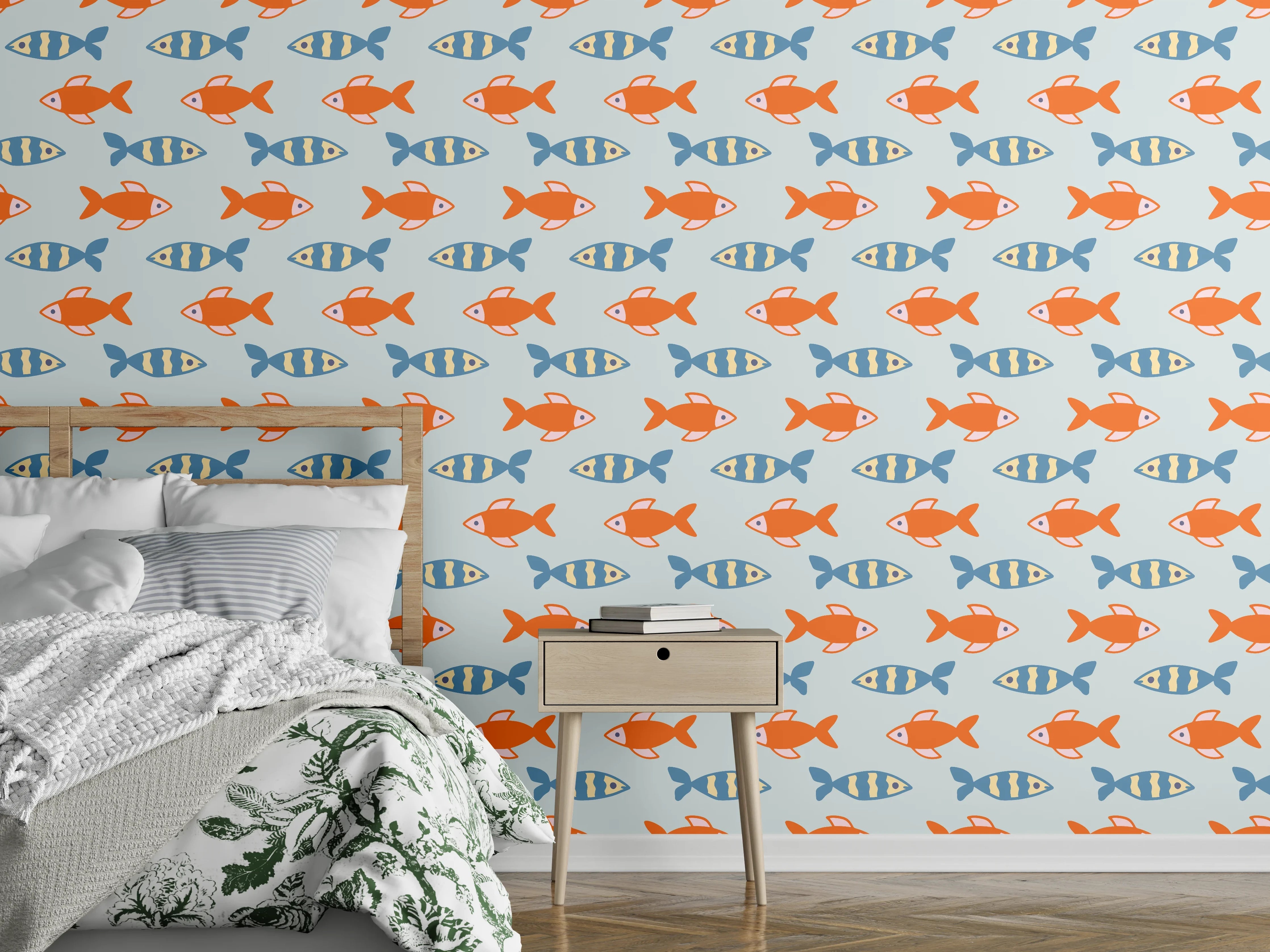 Wandverkleidung Schlafzimmer - Fischmuster Orange-Blau