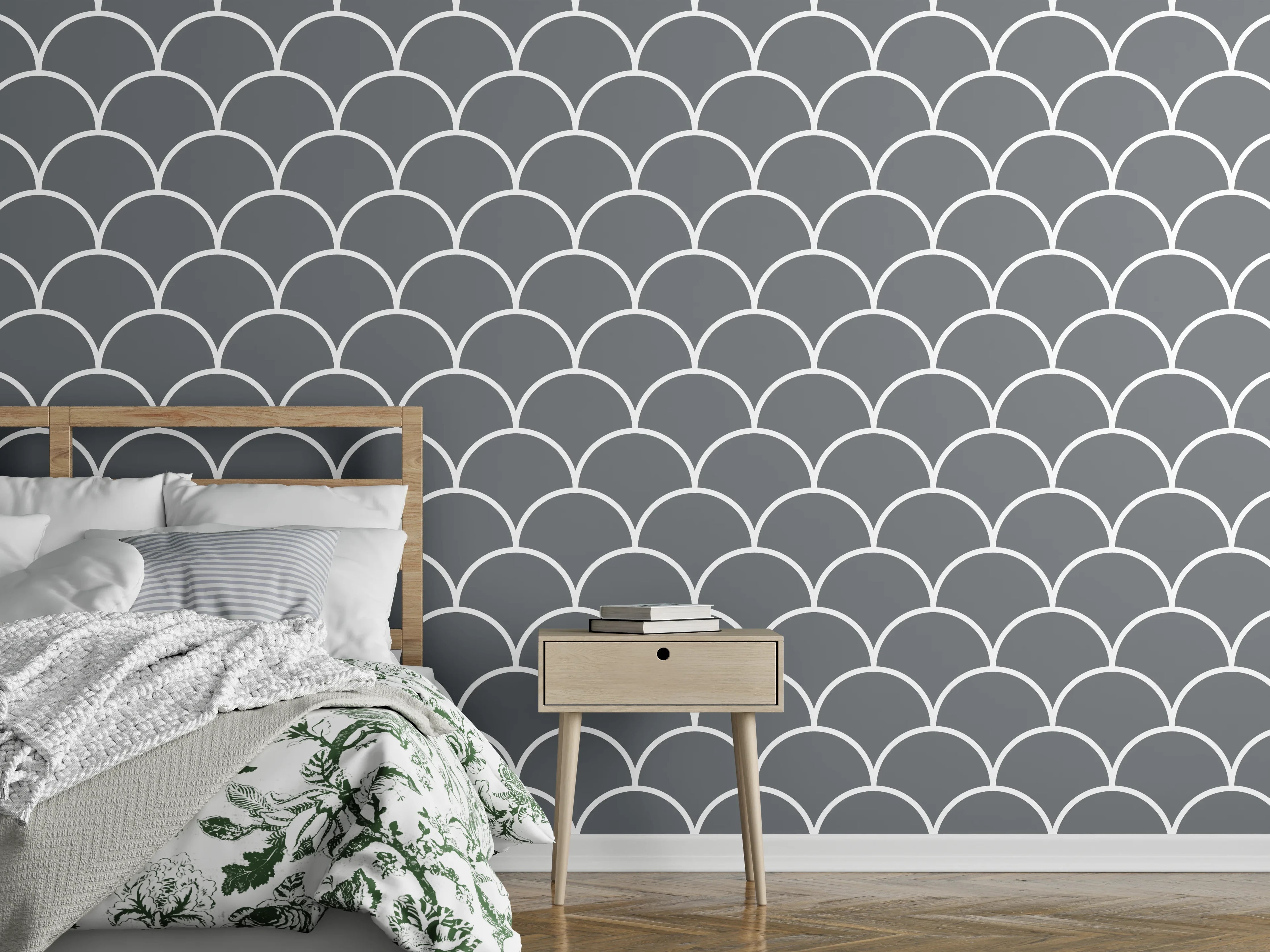 Wandverkleidung Schlafzimmer - Fischschuppen-Muster Grau Weiß Wanddekor