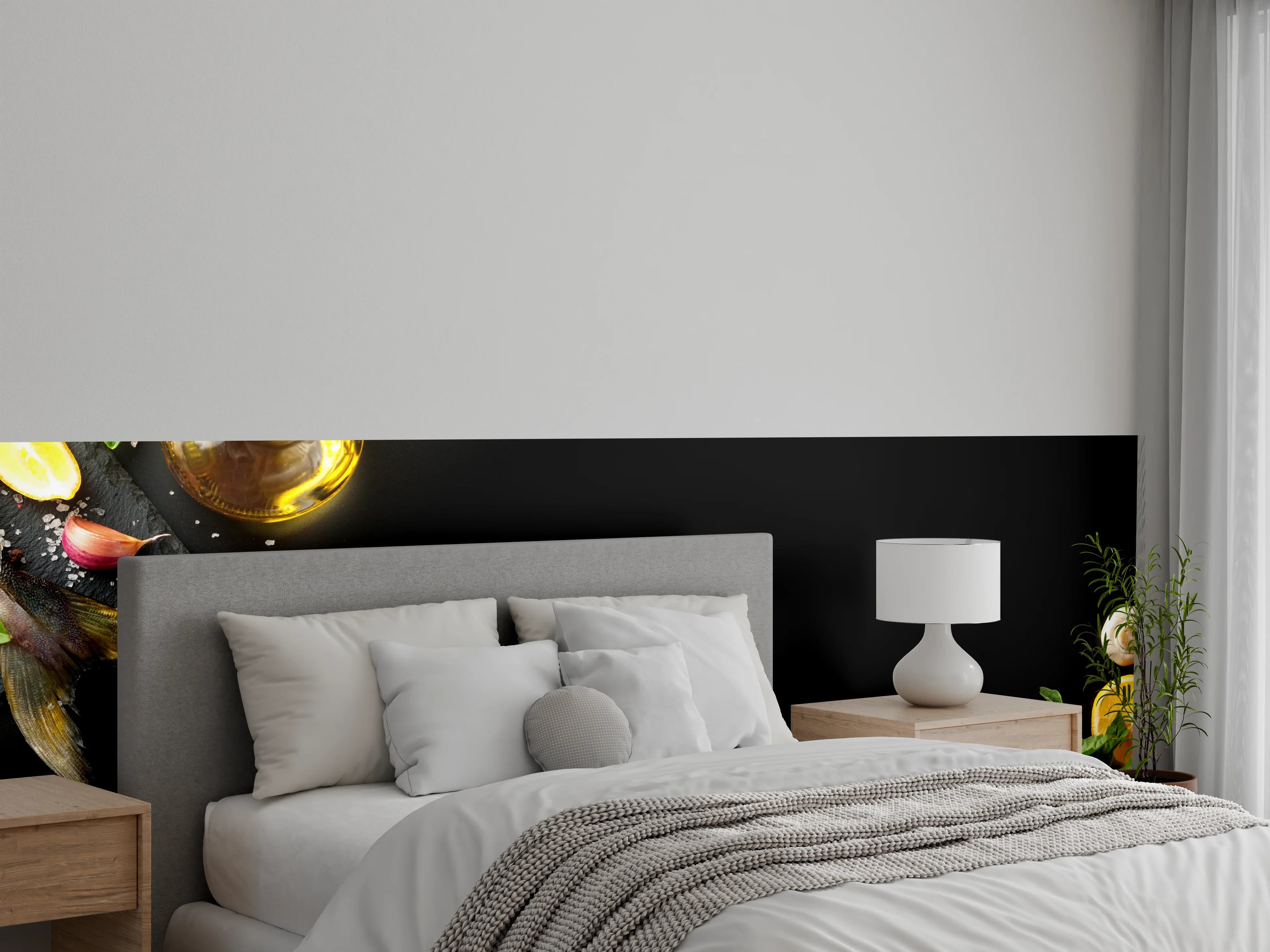 Wandverkleidung Schlafzimmer - Fischzutaten auf schwarzem Hintergrund
