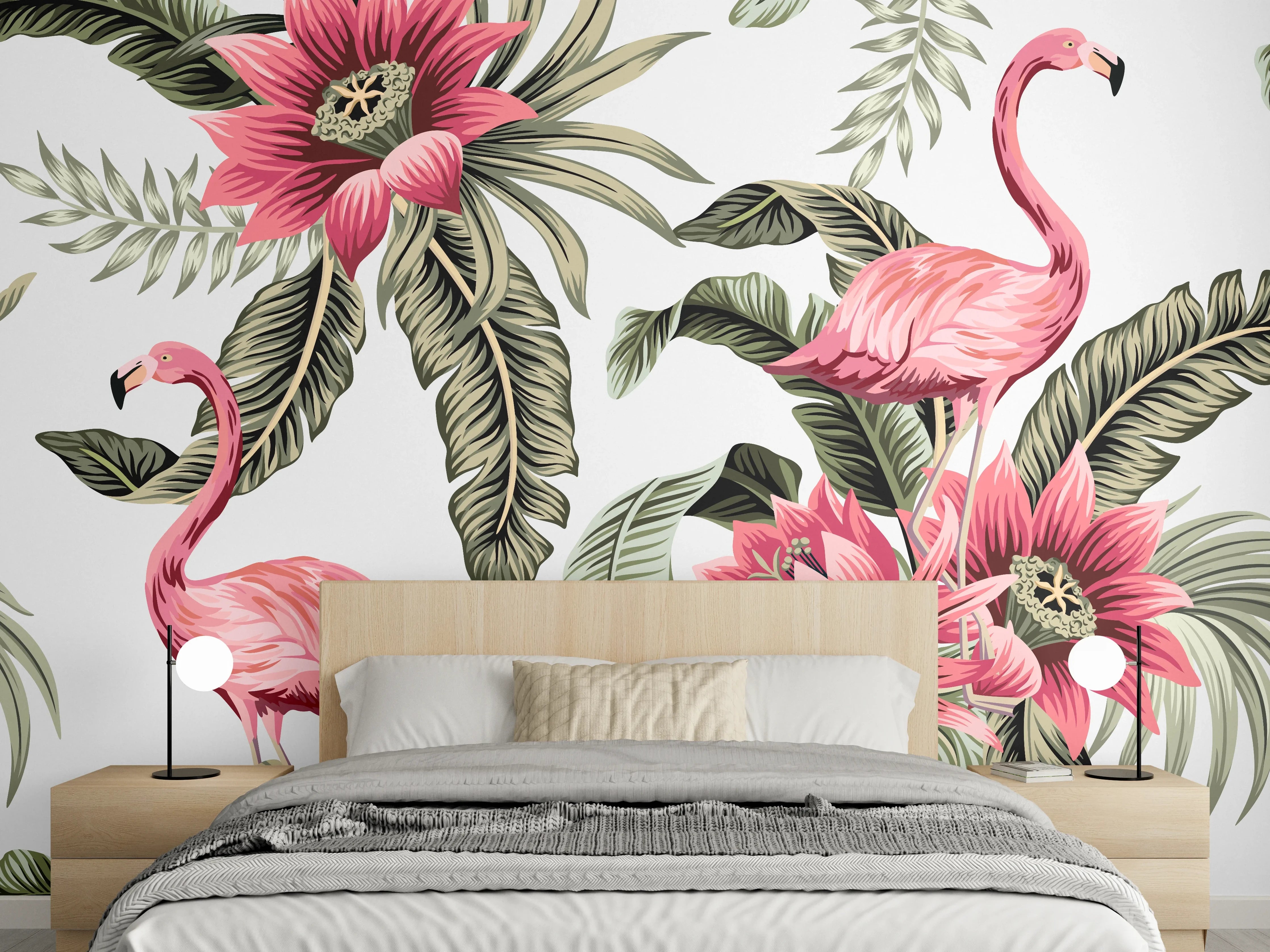 Wandverkleidung Schlafzimmer - Flamingo & Tropenblumen Muster