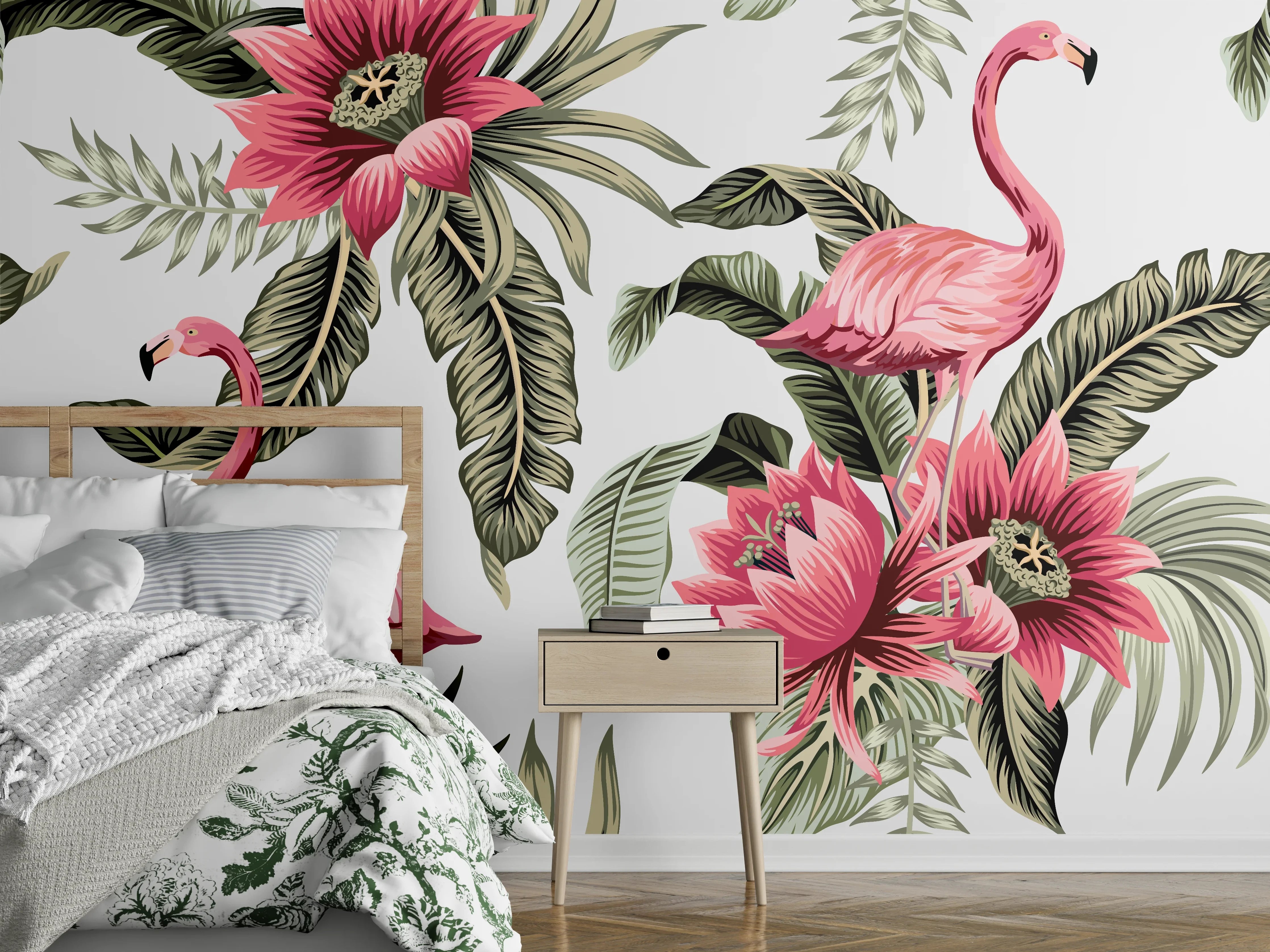 Wandverkleidung Schlafzimmer - Flamingo & Tropenblumen Muster