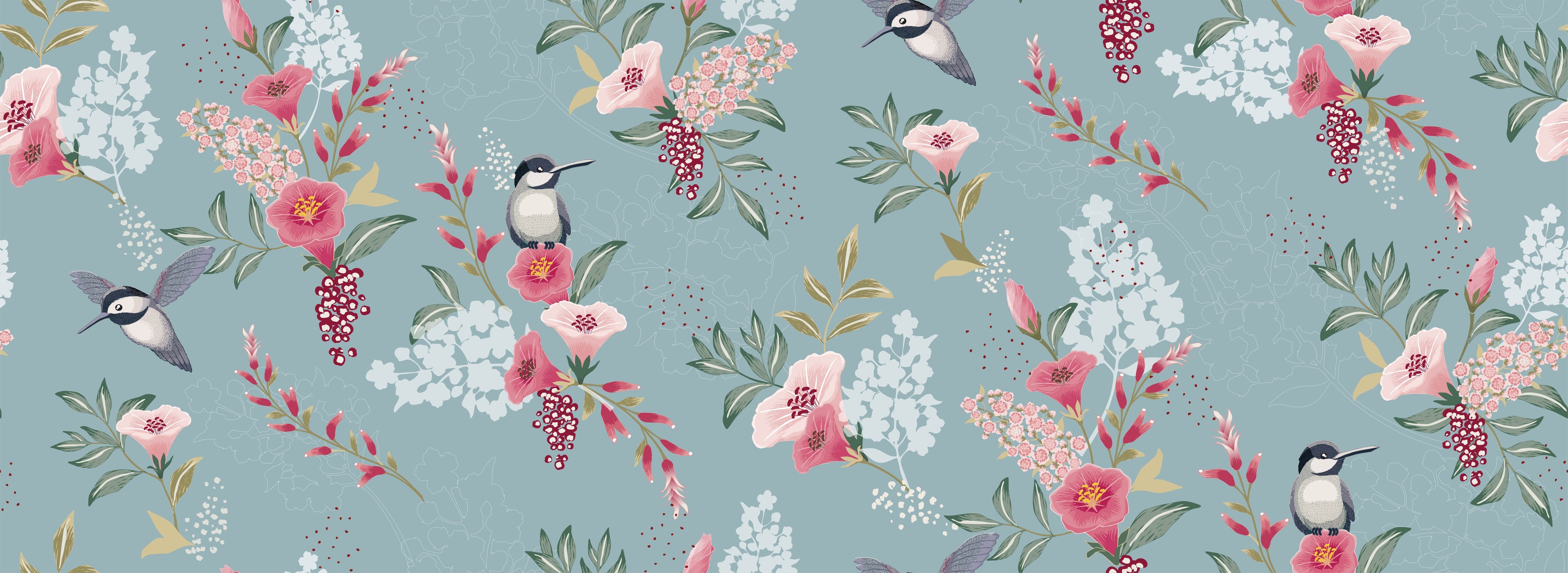 Wandverkleidung Schlafzimmer-Floral-Bird-Muster Blaugrau