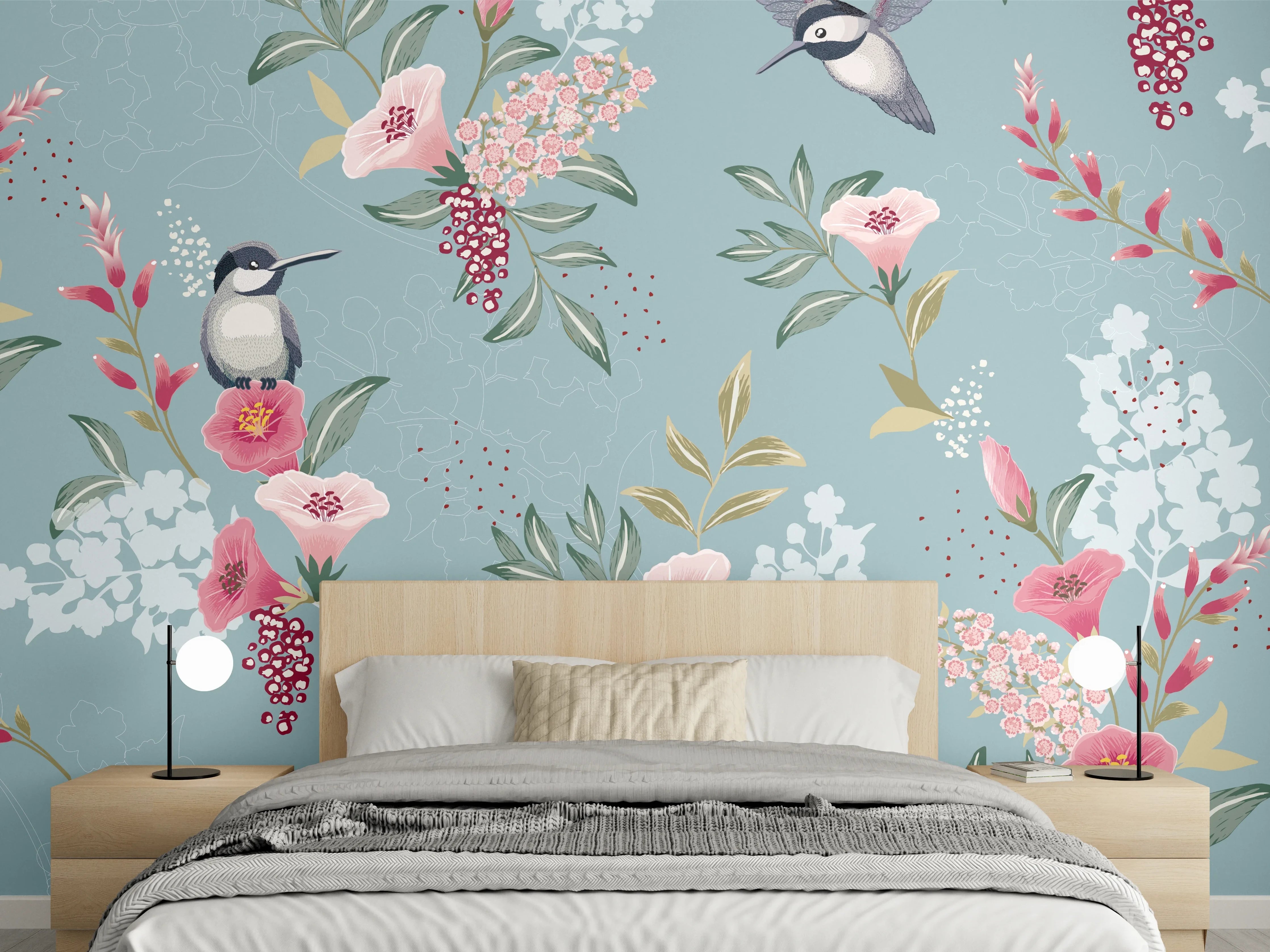 Wandverkleidung Schlafzimmer - Floral-Bird-Muster Blaugrau