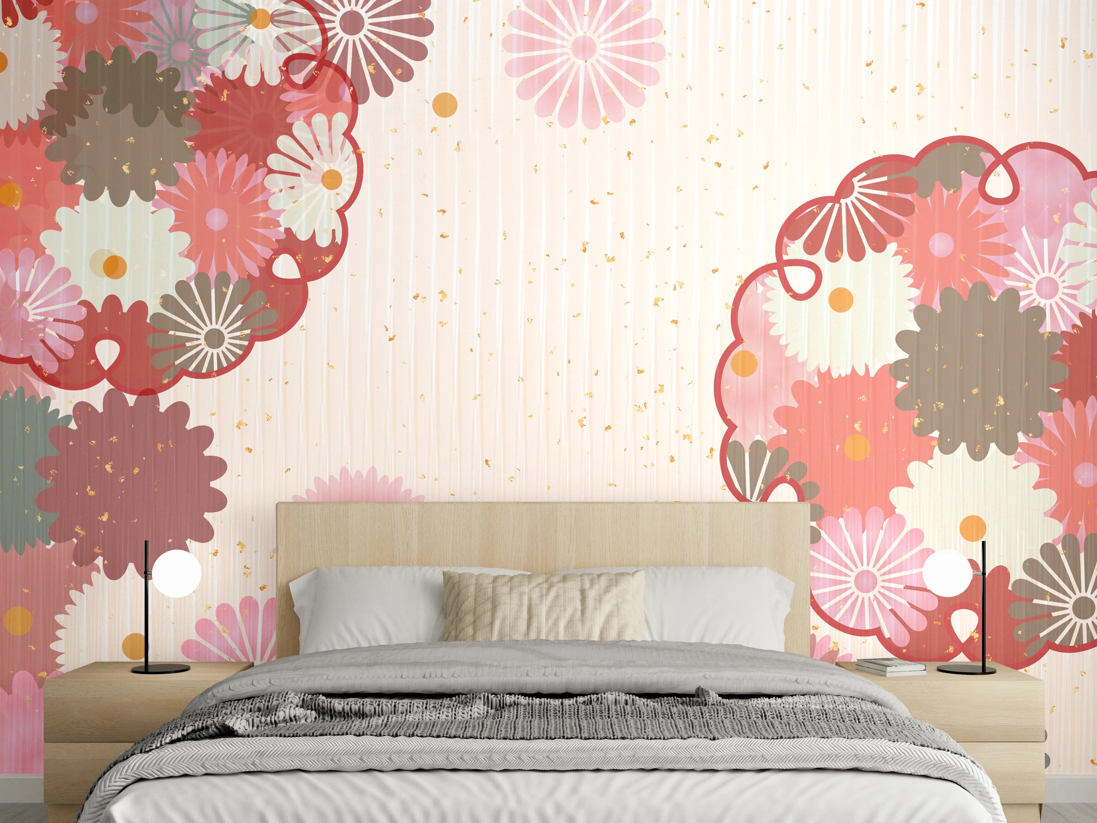 Wandverkleidung Schlafzimmer - Floral Blumenmuster Beige Rot