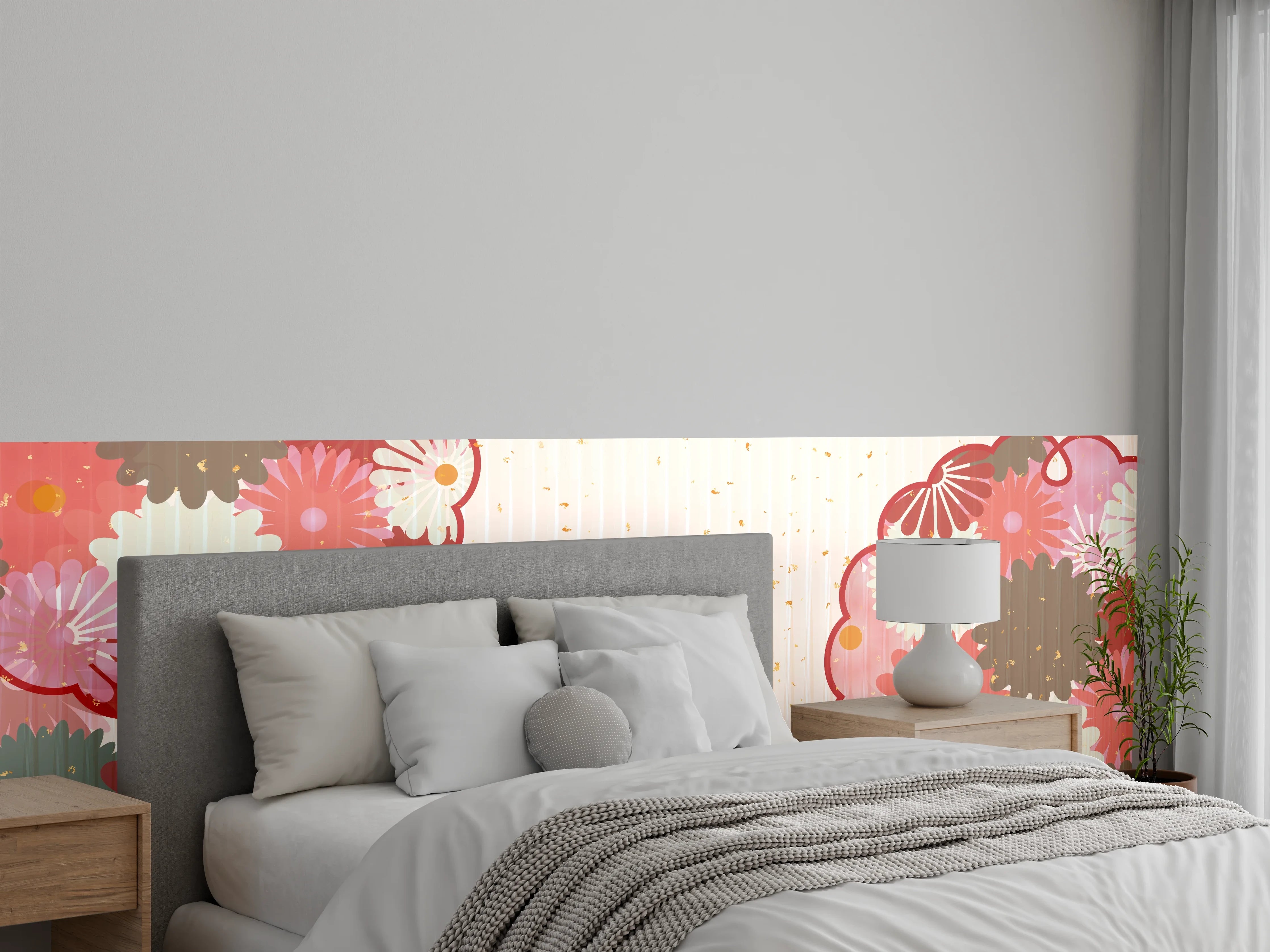 Wandverkleidung Schlafzimmer - Floral Blumenmuster Beige Rot